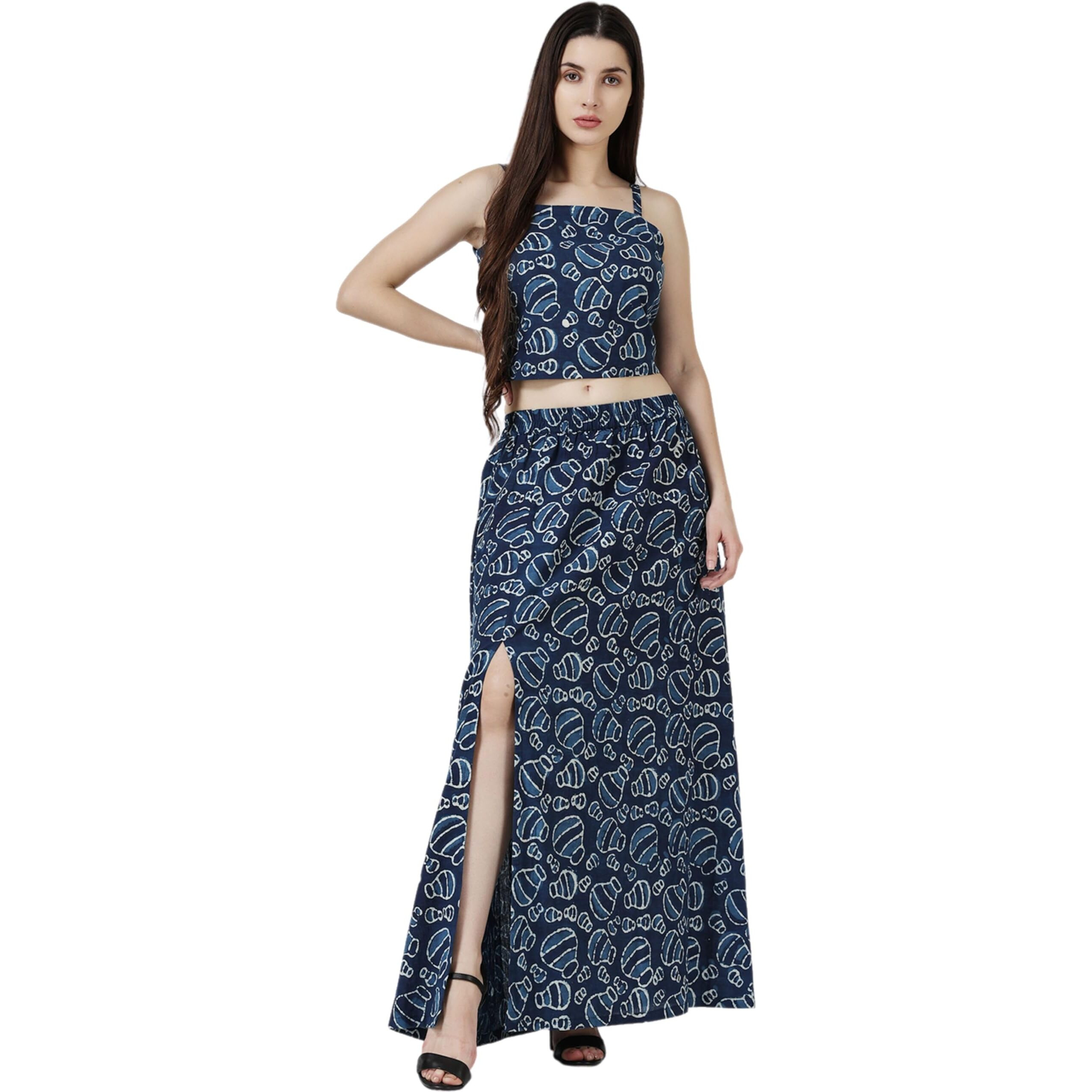 Popwings Casual Bagru Printed Cotton Top And Skirt Set For Women || Pom Pom Top And Long Slit Skirt Set For Women || Two Piece Women Set For Summer, Small, Blue
