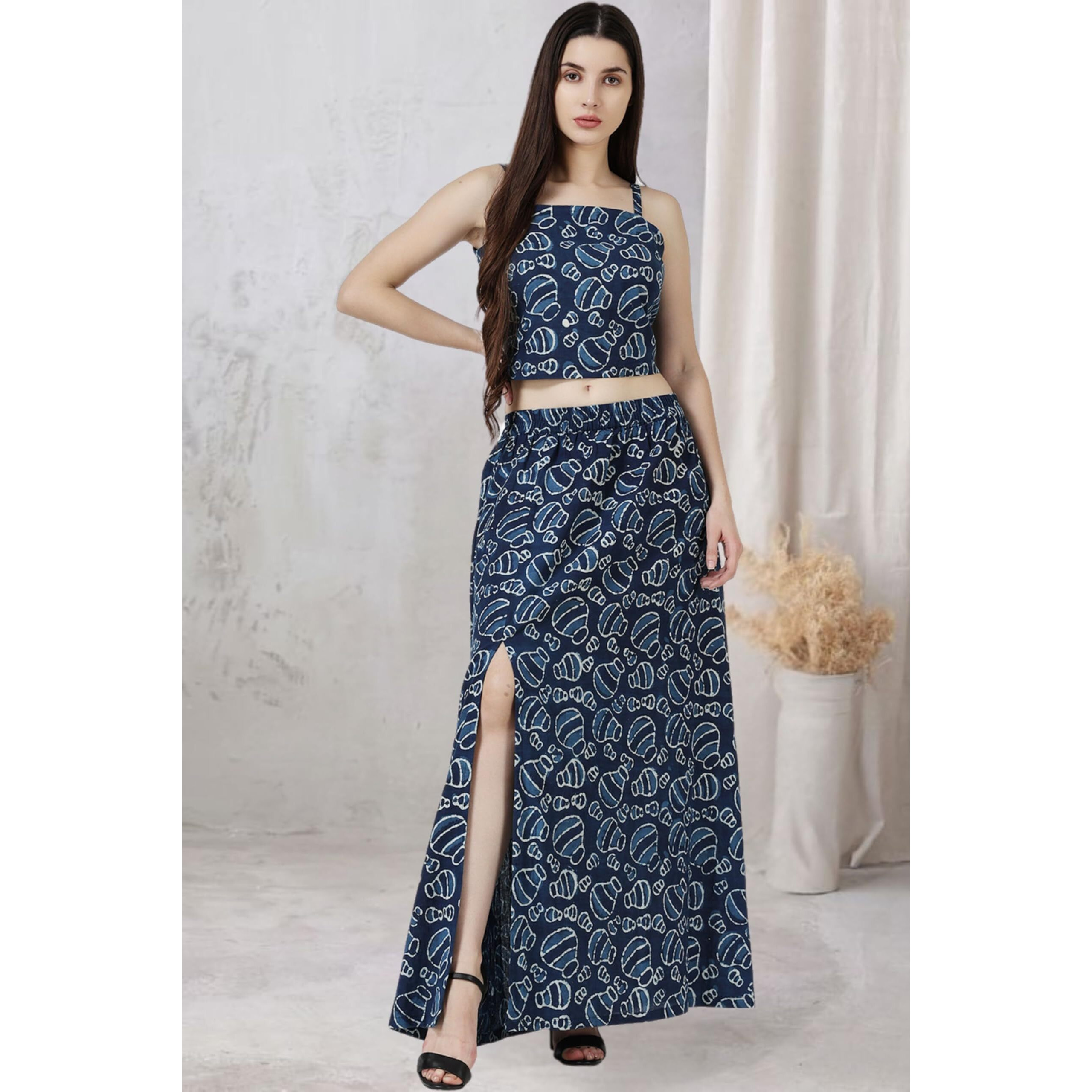 Popwings Casual Bagru Printed Cotton Top And Skirt Set For Women || Pom Pom Top And Long Slit Skirt Set For Women || Two Piece Women Set For Summer, Small, Blue