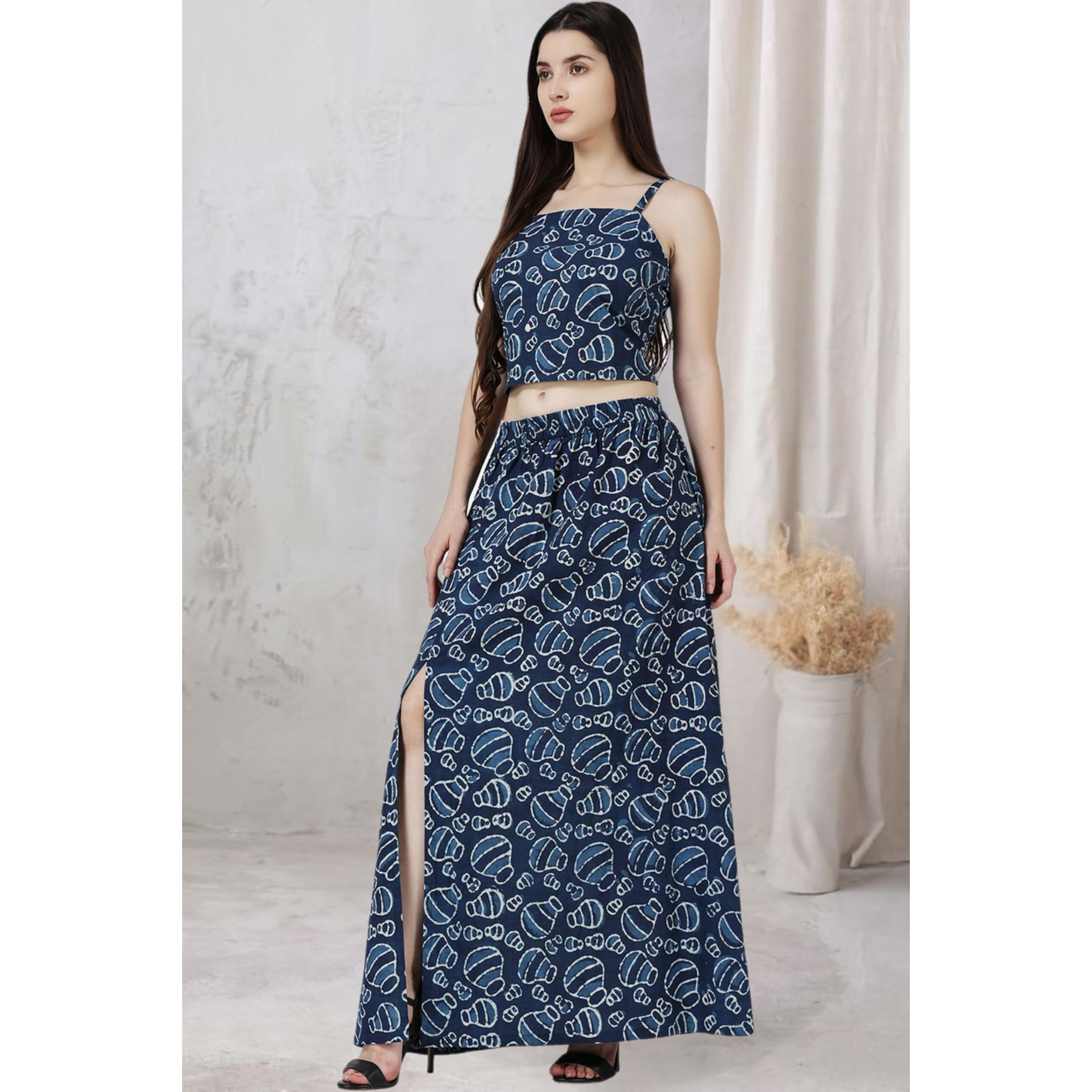 Popwings Casual Bagru Printed Cotton Top And Skirt Set For Women || Pom Pom Top And Long Slit Skirt Set For Women || Two Piece Women Set For Summer, Small, Blue