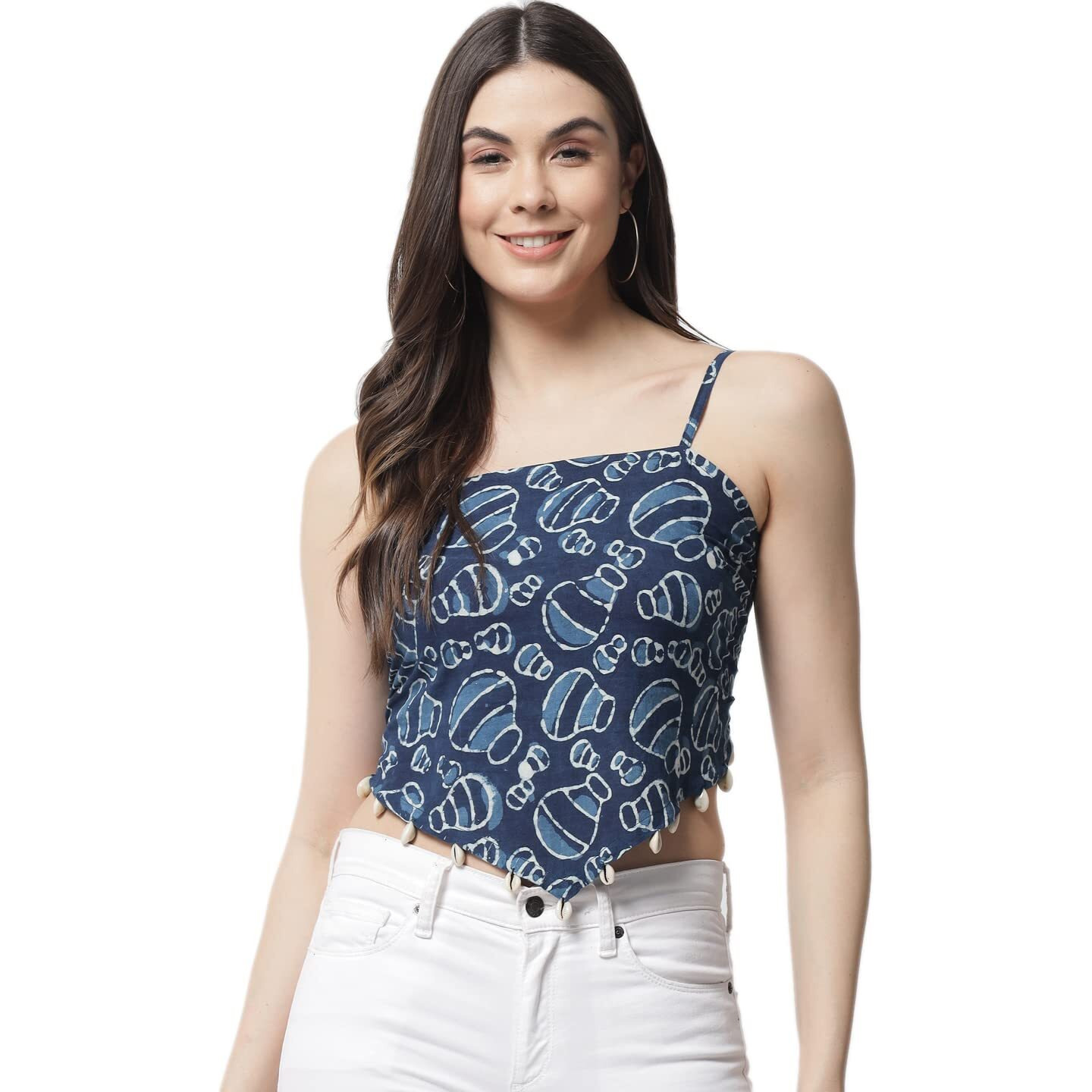 Popwings Blue Square Neck Printed Cotton Women Slim Fit Crop Top