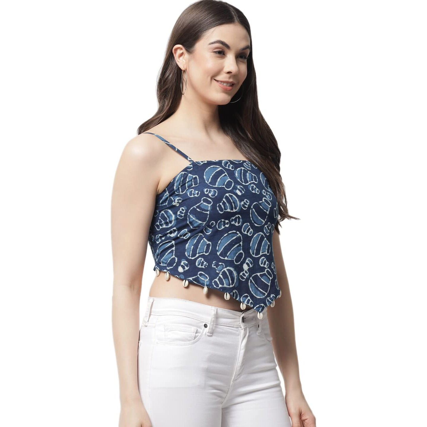 Popwings Blue Square Neck Printed Cotton Women Slim Fit Crop Top