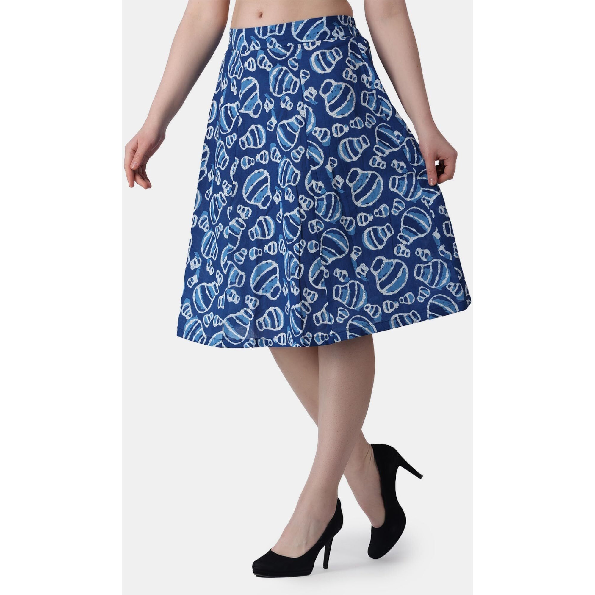 Popwings Casual Bagru Printed A Line Knee-Length Skirt For Women | Summer Skirt For Women | Ethnic Skirt For Women Blue
