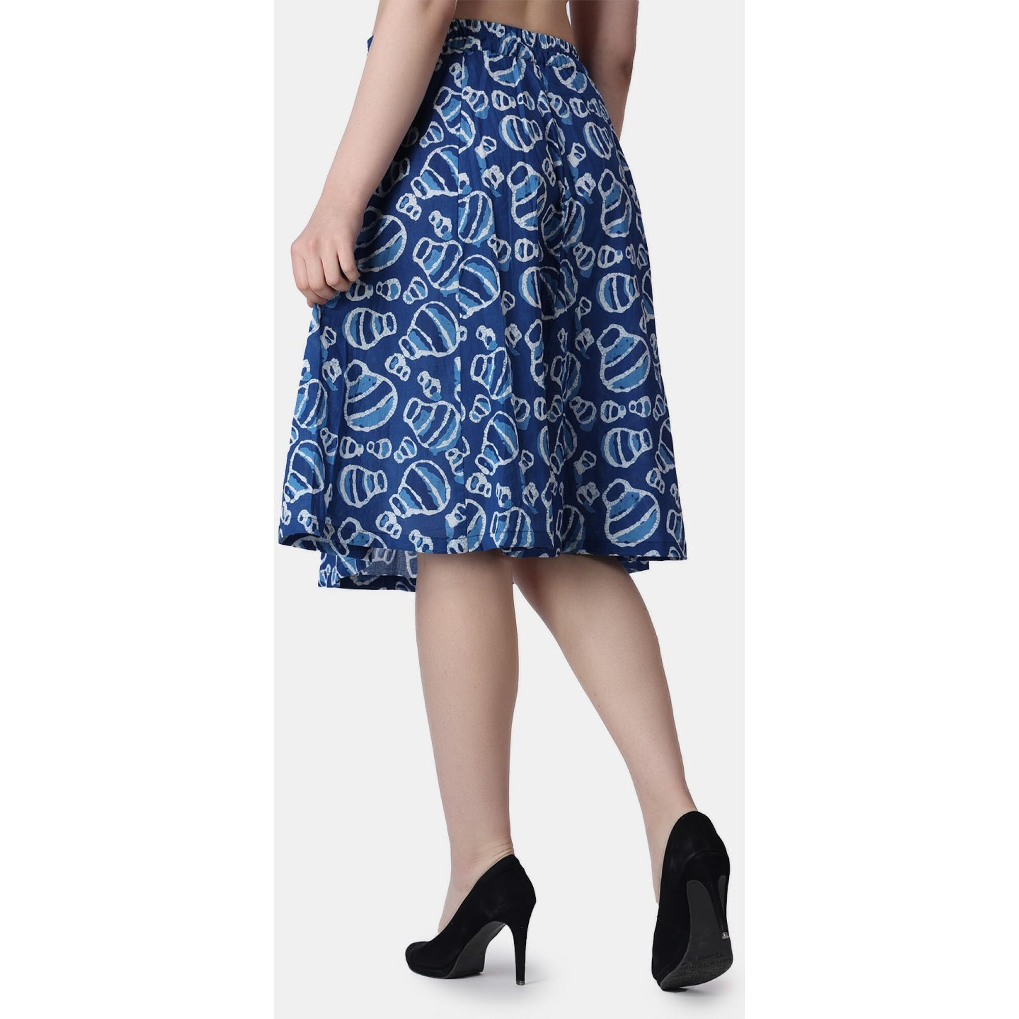 Popwings Casual Bagru Printed A Line Knee-Length Skirt For Women | Summer Skirt For Women | Ethnic Skirt For Women Blue