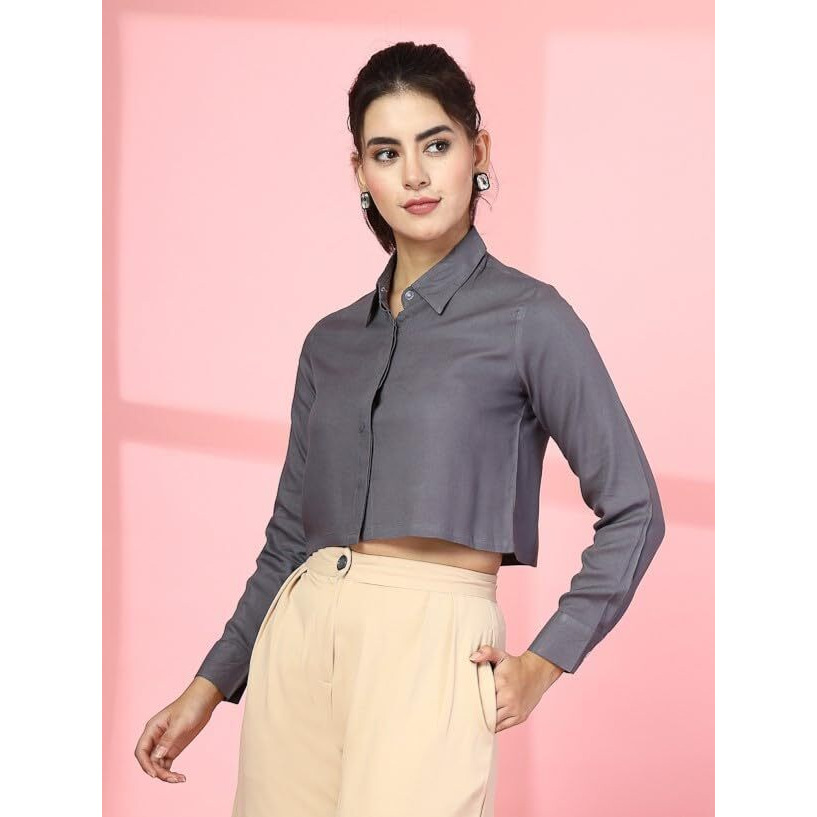 Oomph Casual Crop Shirts For Women, Full Sleeve, Grey, Msh112