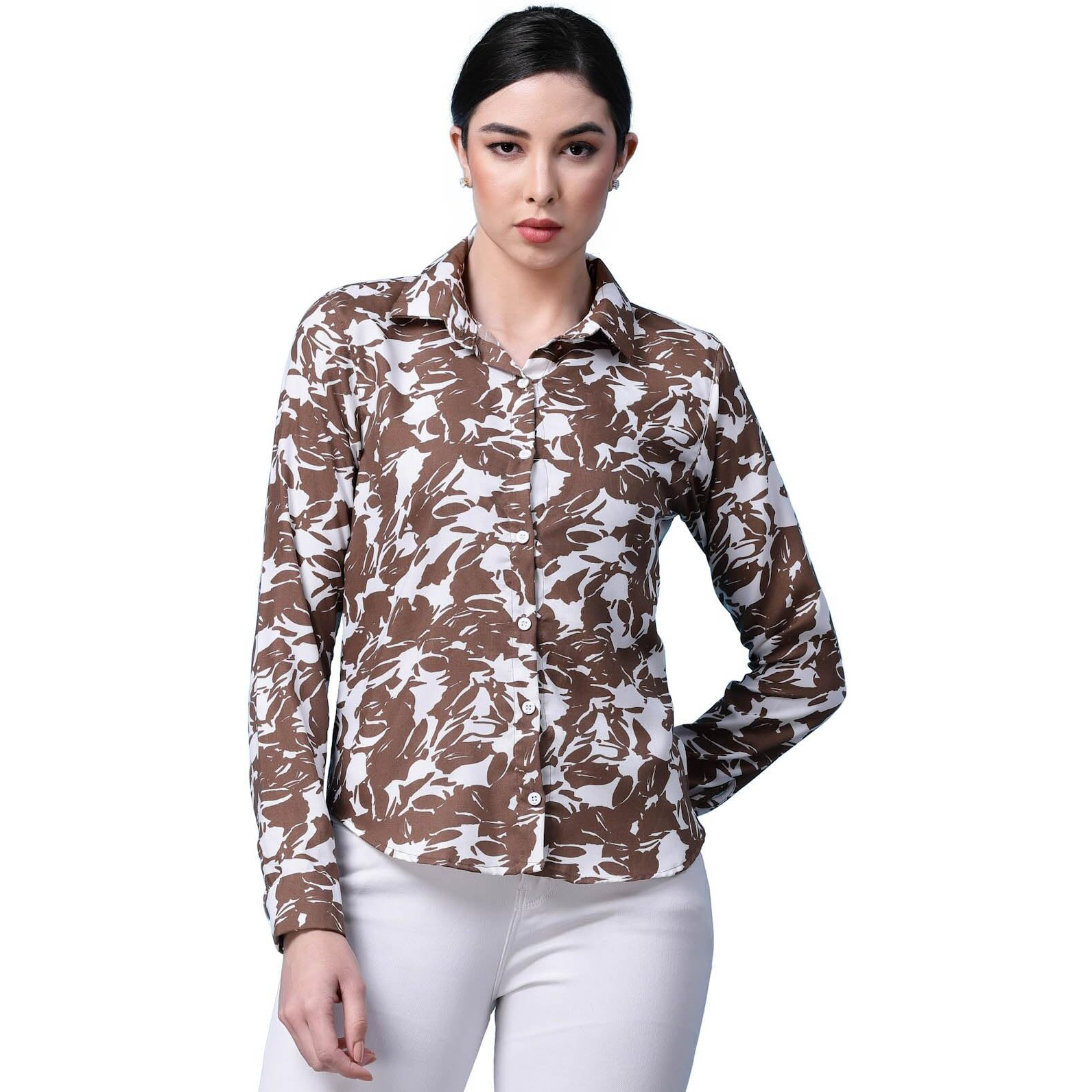 Oomph Shirts For Women, Floral Printed, Brown