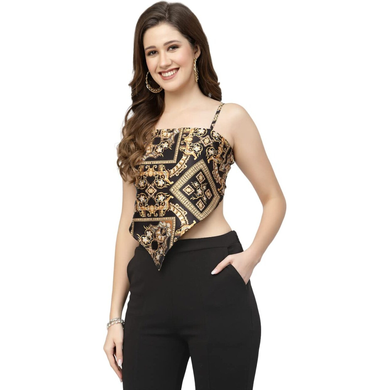 Popwings Polyester Casual Printed Satin Scarf Knot Style Latest Stylish Crop Top For Women || Square Neck Sleeveless For Summer Black Golden, Regular Fit, Medium