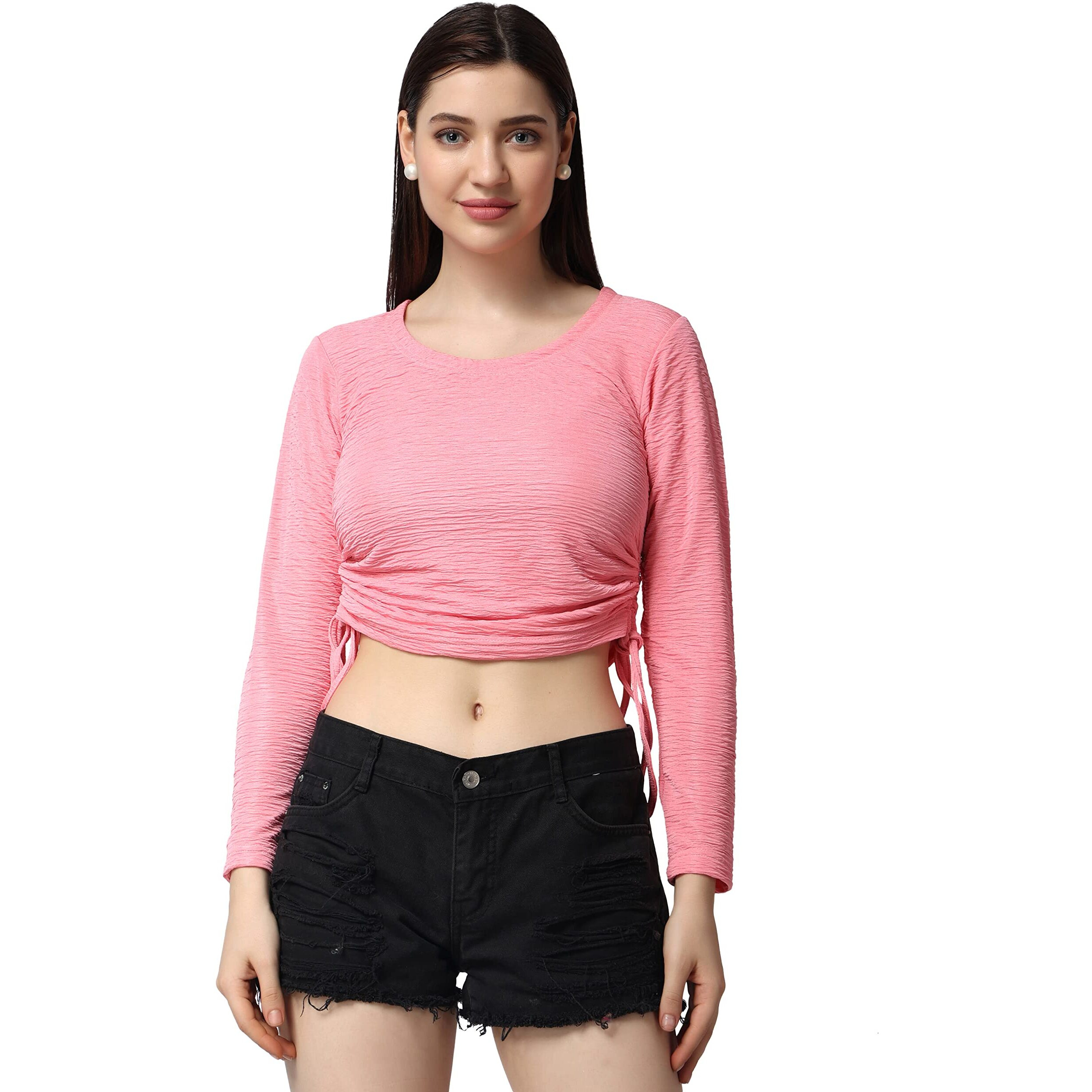 Popwings Casual Self Design Regular Fit Polyester Full Sleeves Crop Tops For Women With Crush String Pink
