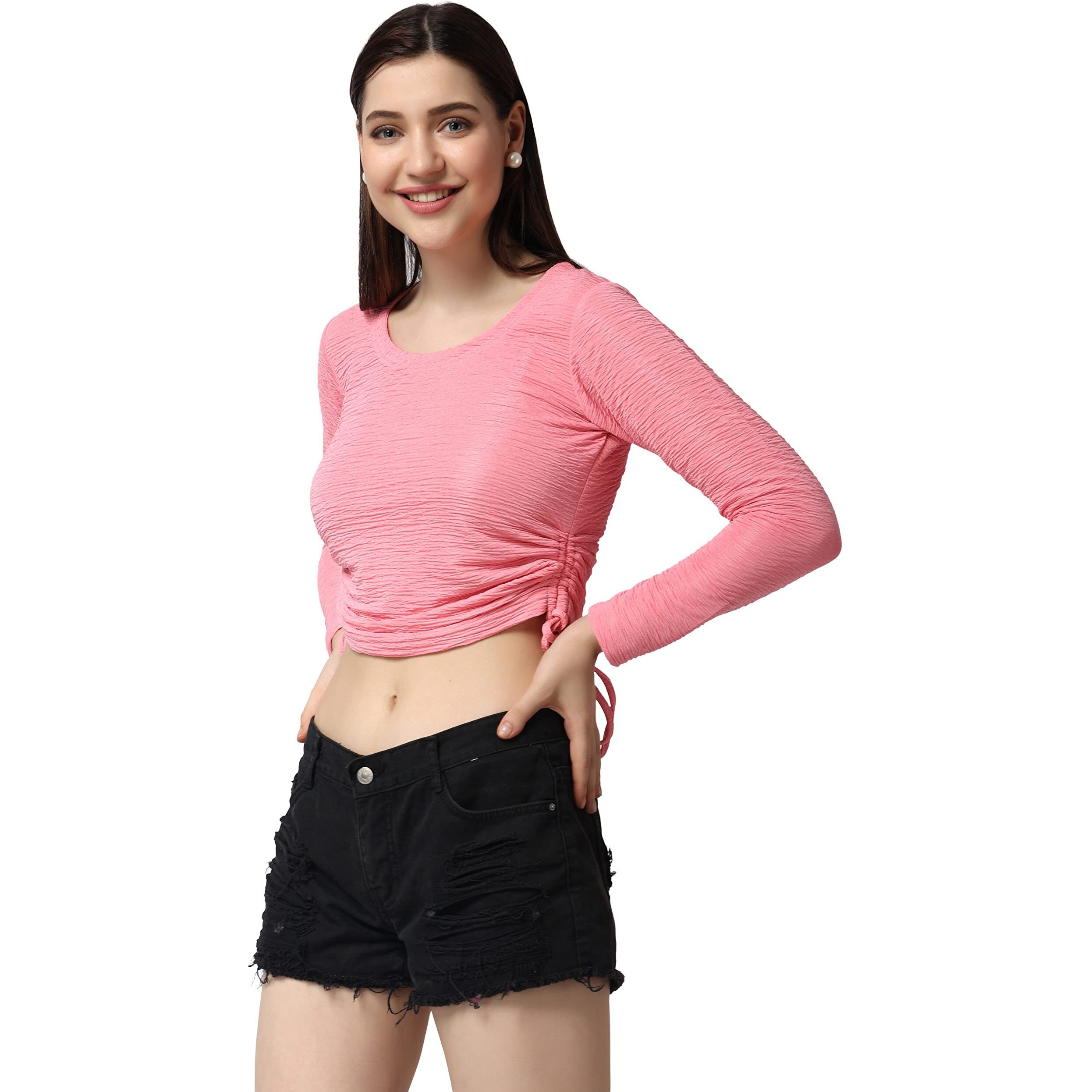 Popwings Casual Self Design Regular Fit Polyester Full Sleeves Crop Tops For Women With Crush String Pink
