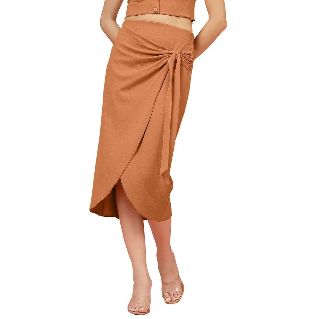 Oomph Stertchable Ribbed Wraparound Lycra Skirt For Women Orange - Msk255