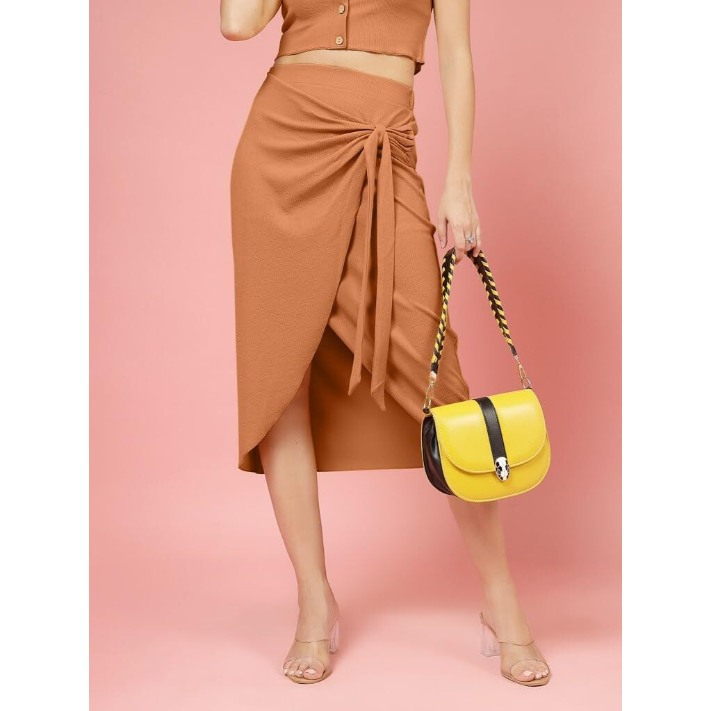 Oomph Stertchable Ribbed Wraparound Lycra Skirt For Women Orange - Msk255