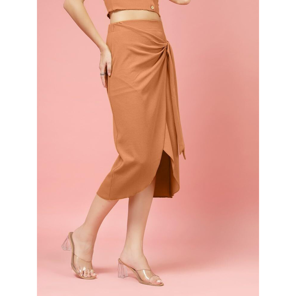 Oomph Stertchable Ribbed Wraparound Lycra Skirt For Women Orange - Msk255