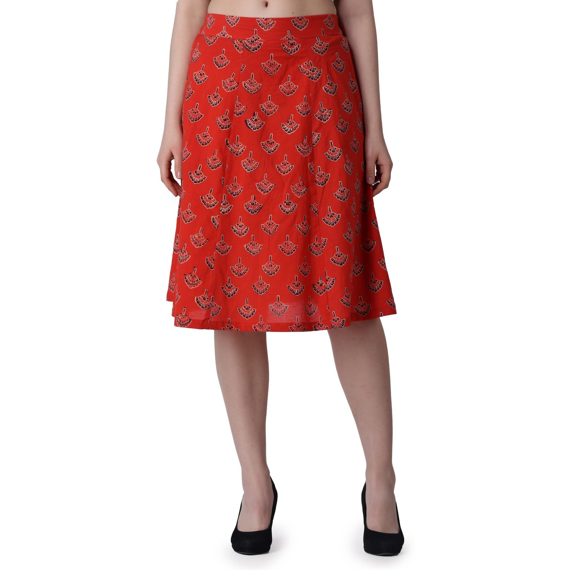 Popwings Casual Bagru Printed A Line Knee-Length Skirt For Women | Summer Skirt For Women | Ethnic Skirt For Women Red