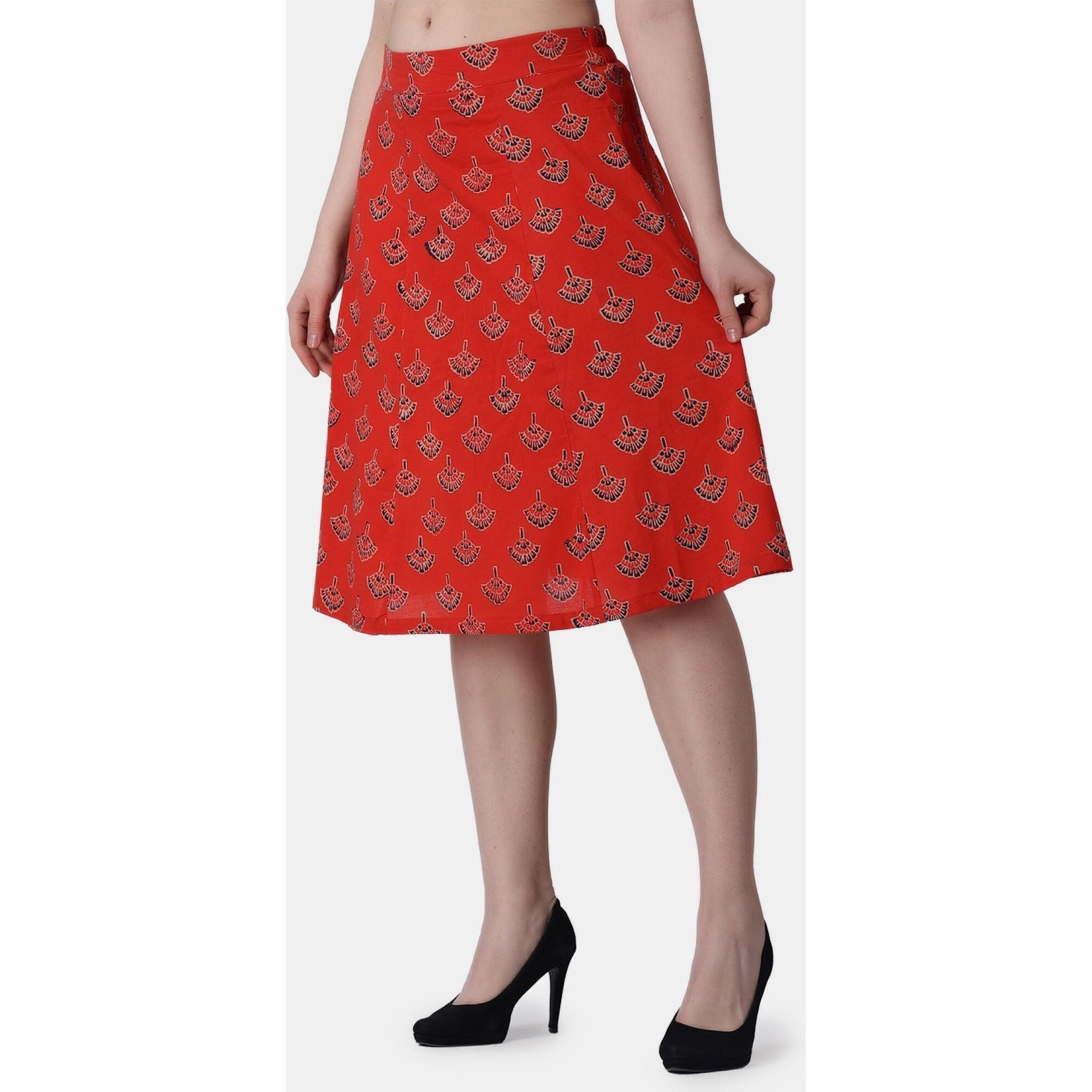 Popwings Casual Bagru Printed A Line Knee-Length Skirt For Women | Summer Skirt For Women | Ethnic Skirt For Women Red