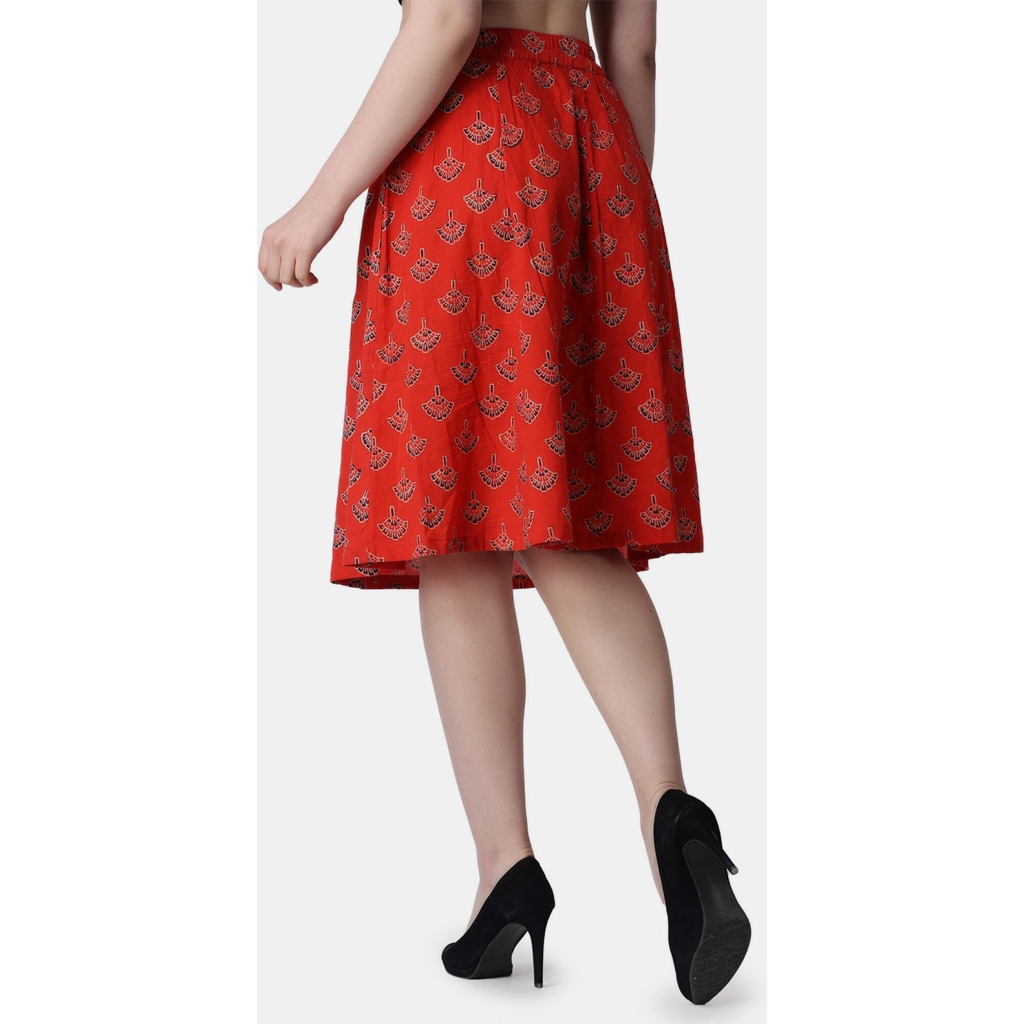 Popwings Casual Bagru Printed A Line Knee-Length Skirt For Women | Summer Skirt For Women | Ethnic Skirt For Women Red