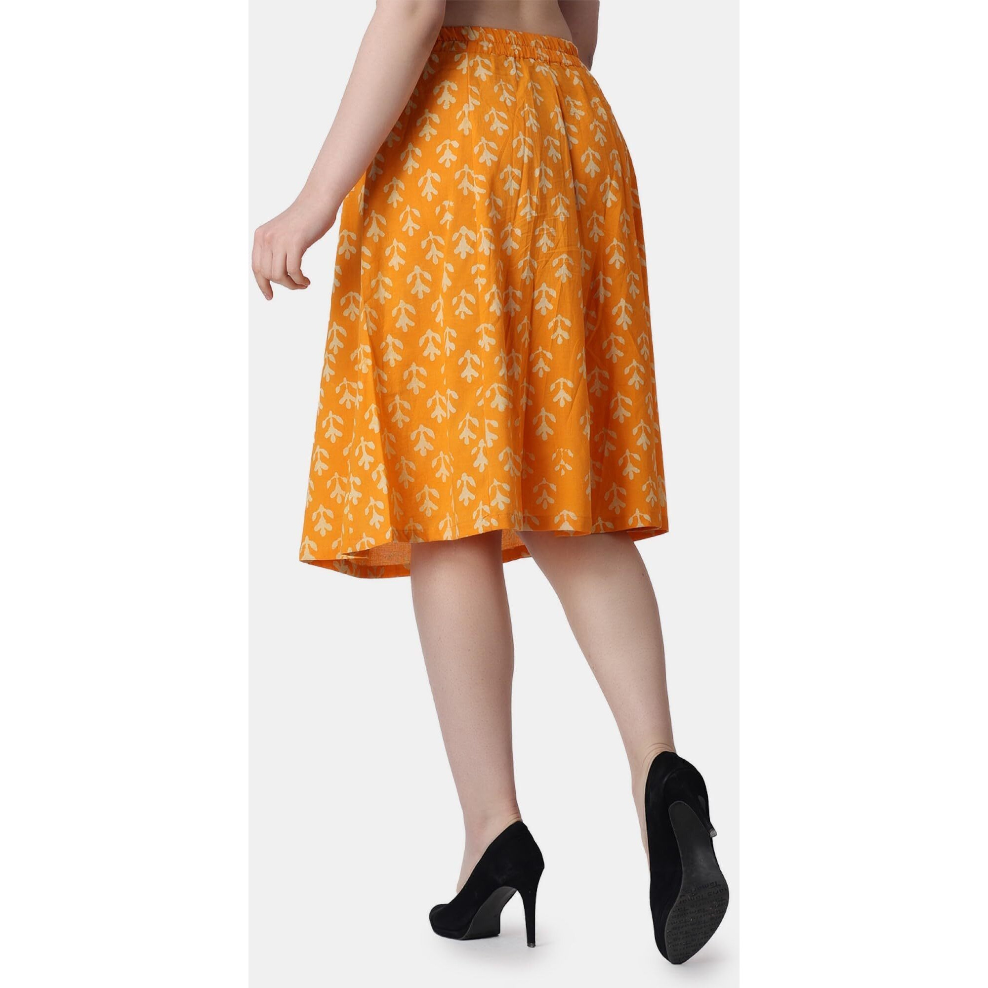 Popwings Casual Bagru Printed A Line Knee-Length Skirt For Women | Summer Skirt For Women | Ethnic Skirt For Women Yellow