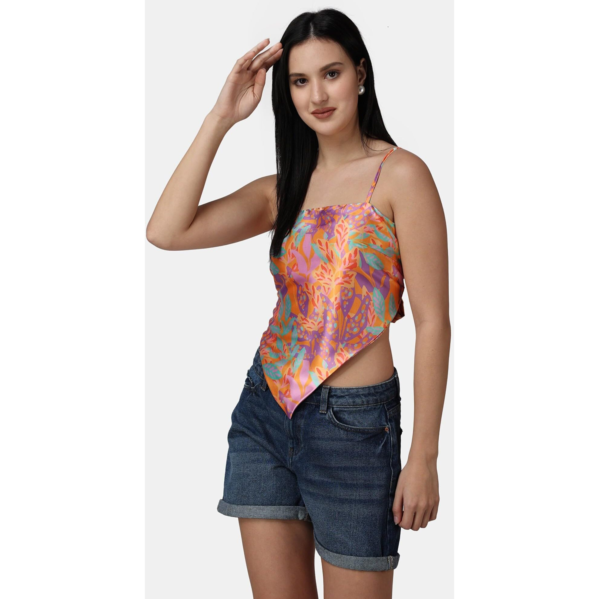 Popwings Casual Printed Satin Scarf Knot Style Crop Top For Women || Square Neck Crop Top For Women || Sleeveless Crop Top For Women || Latest Stylish Women Crop Top For Summer Multicolour