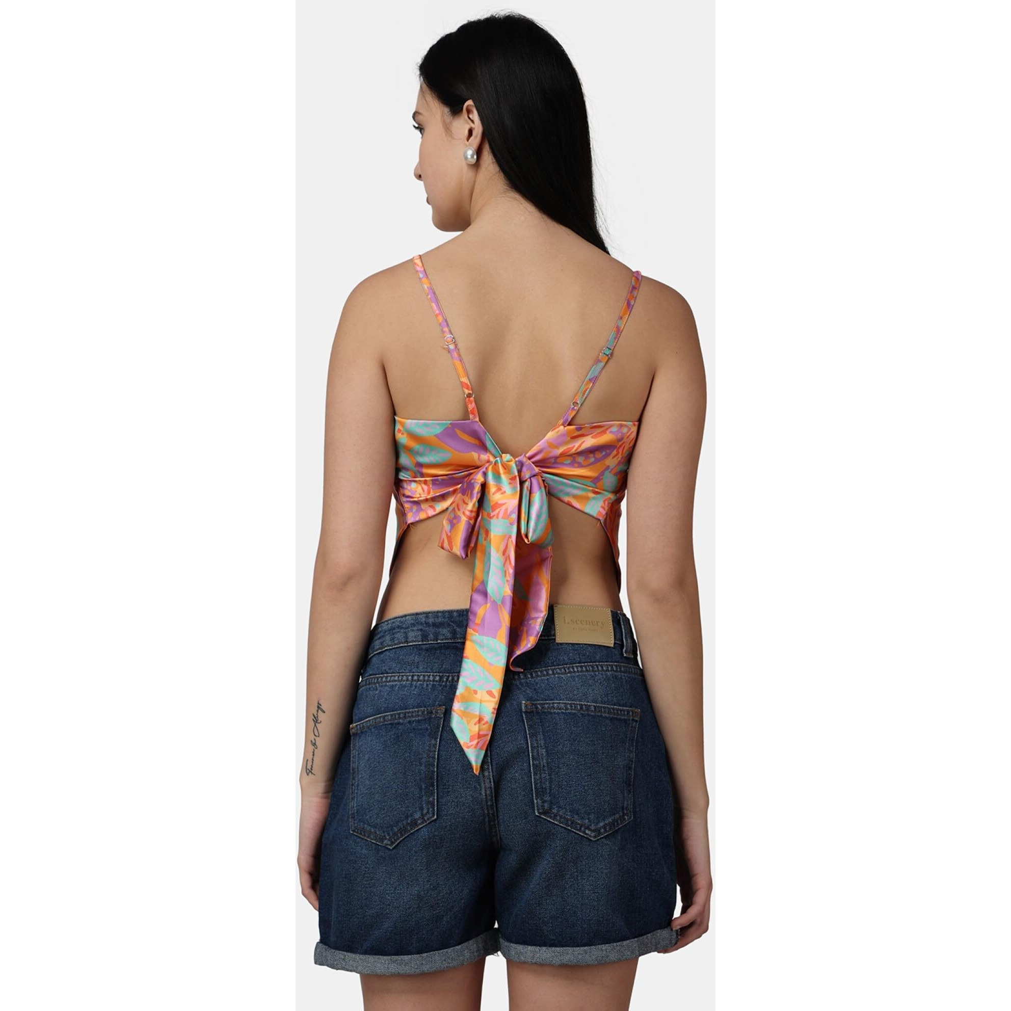 Popwings Casual Printed Satin Scarf Knot Style Crop Top For Women || Square Neck Crop Top For Women || Sleeveless Crop Top For Women || Latest Stylish Women Crop Top For Summer Multicolour