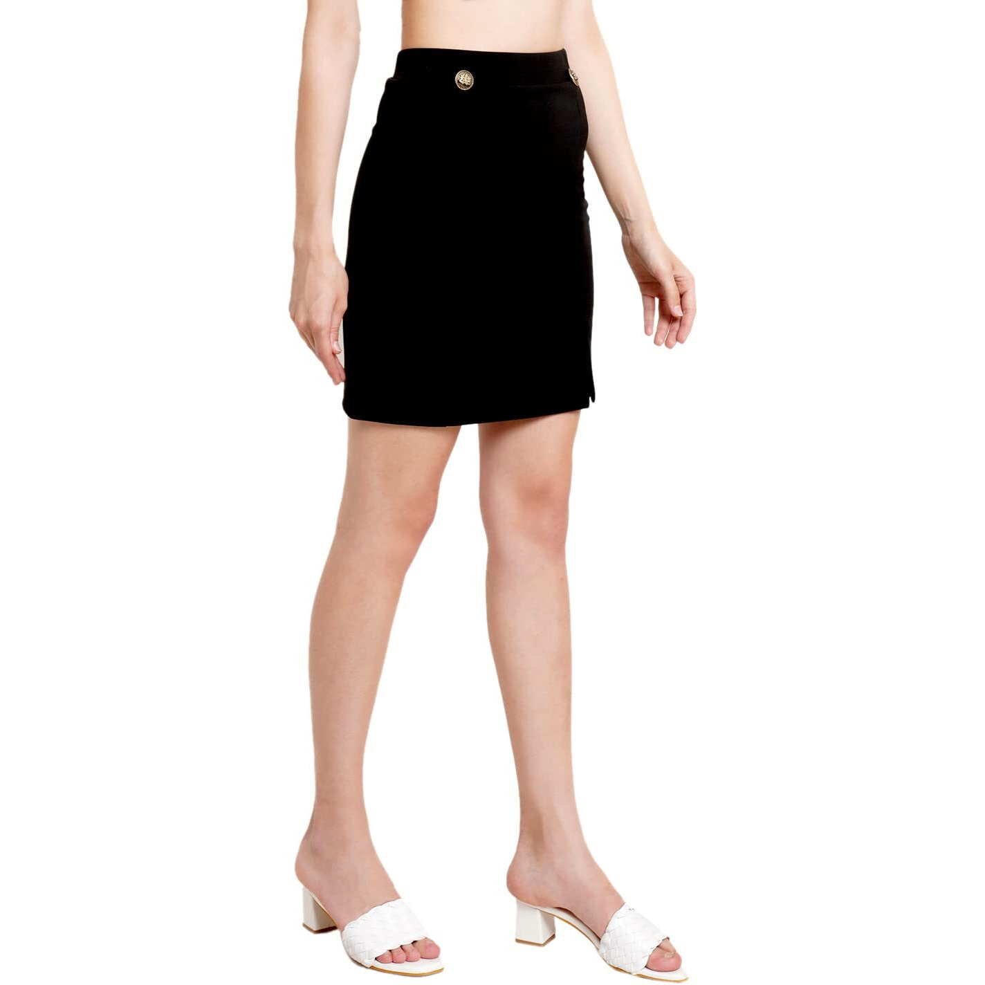 Popwings Black Women's Mini Front Slit Skirt, Medium