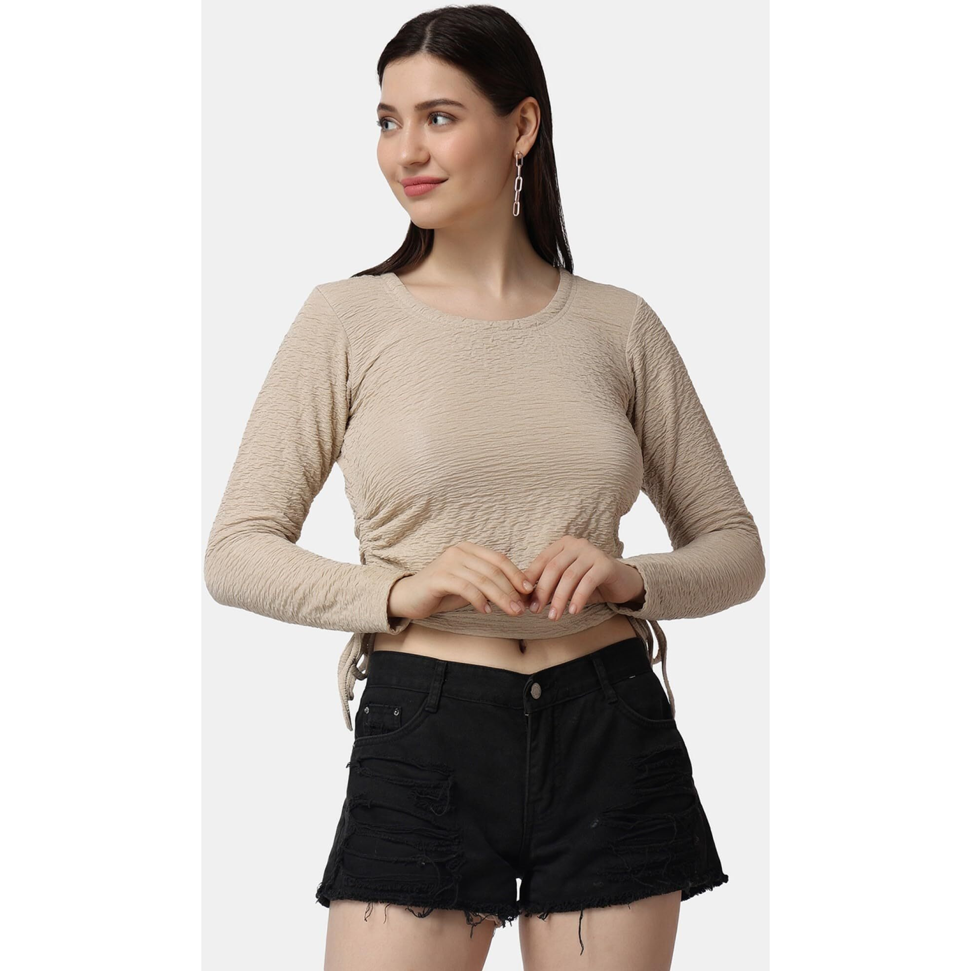 Popwings Casual Self Design Regular Fit Polyester Full Sleeves Crop Tops For Women With Crush String