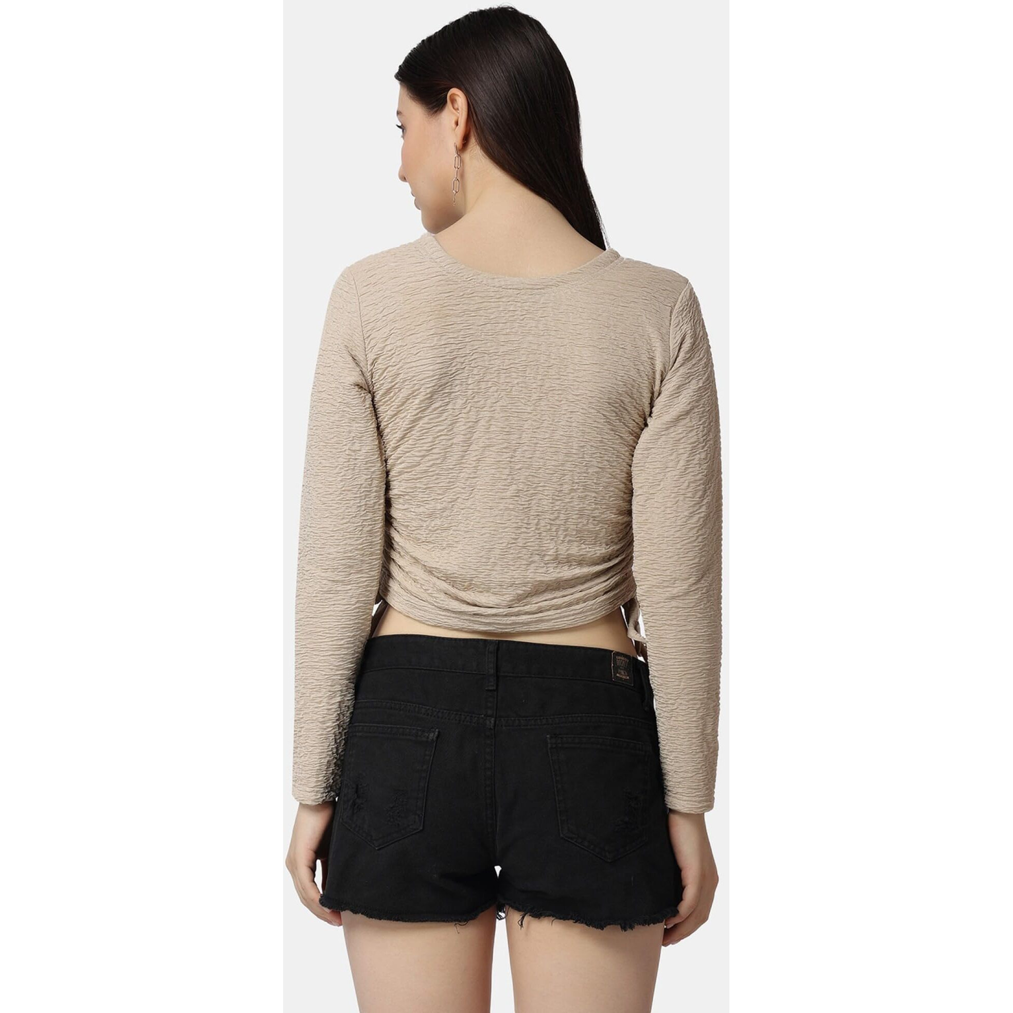 Popwings Casual Self Design Regular Fit Polyester Full Sleeves Crop Tops For Women With Crush String