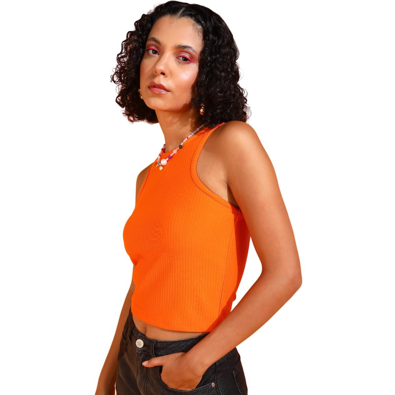 Popwings Women Casual Orange Rib Tank Crop Top Tops For Women | Stylish Tops For Women | Trendy Tops Women