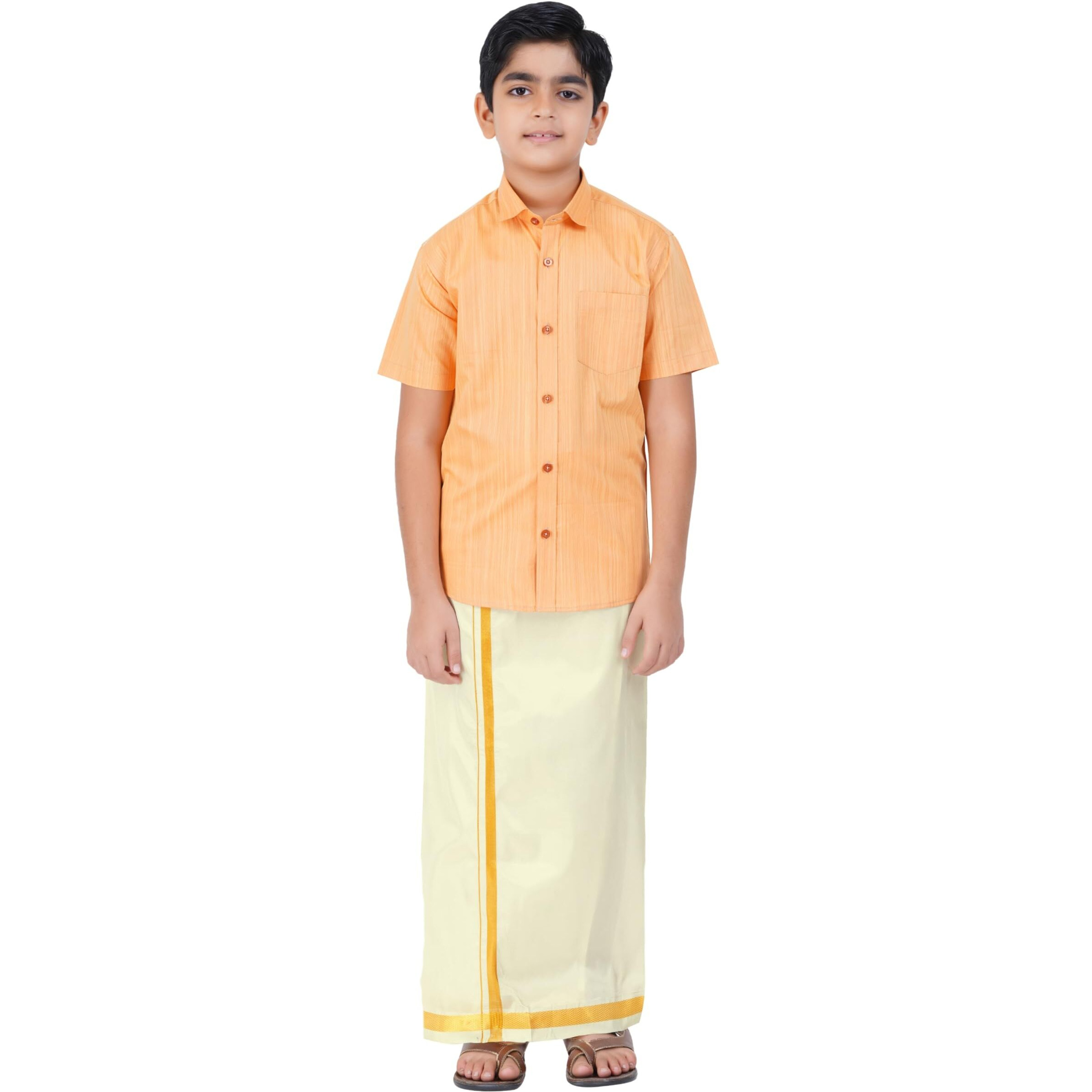 Boys Cotton Half Sleeve Self Design Shirt With Stitched Art Silk Dhoti For Boys (Madriyad-Gold)