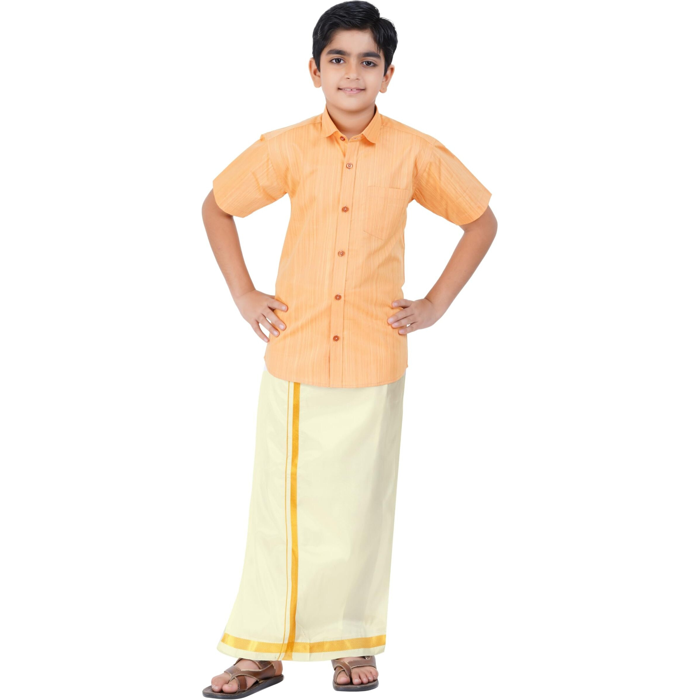 Boys Cotton Half Sleeve Self Design Shirt With Stitched Art Silk Dhoti For Boys (Madriyad-Gold)