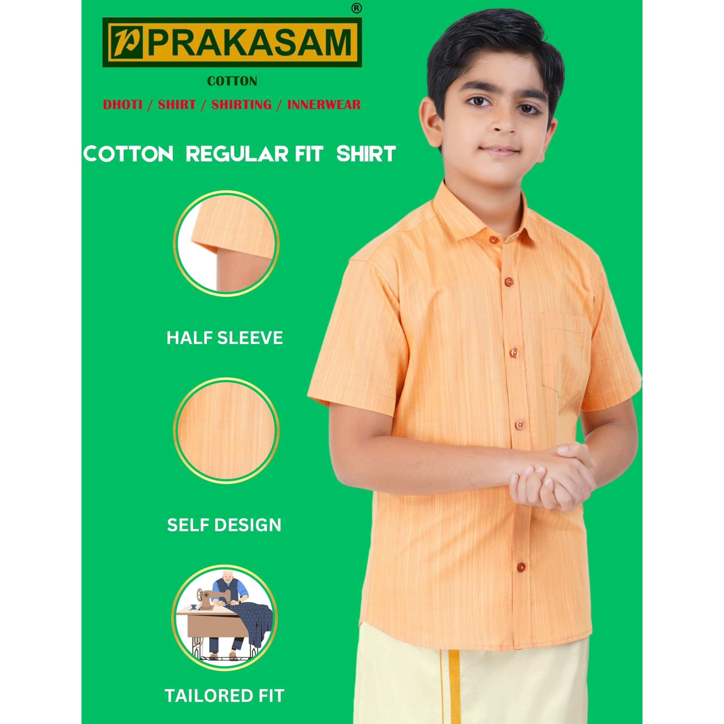 Boys Cotton Half Sleeve Self Design Shirt With Stitched Art Silk Dhoti For Boys (Madriyad-Gold)