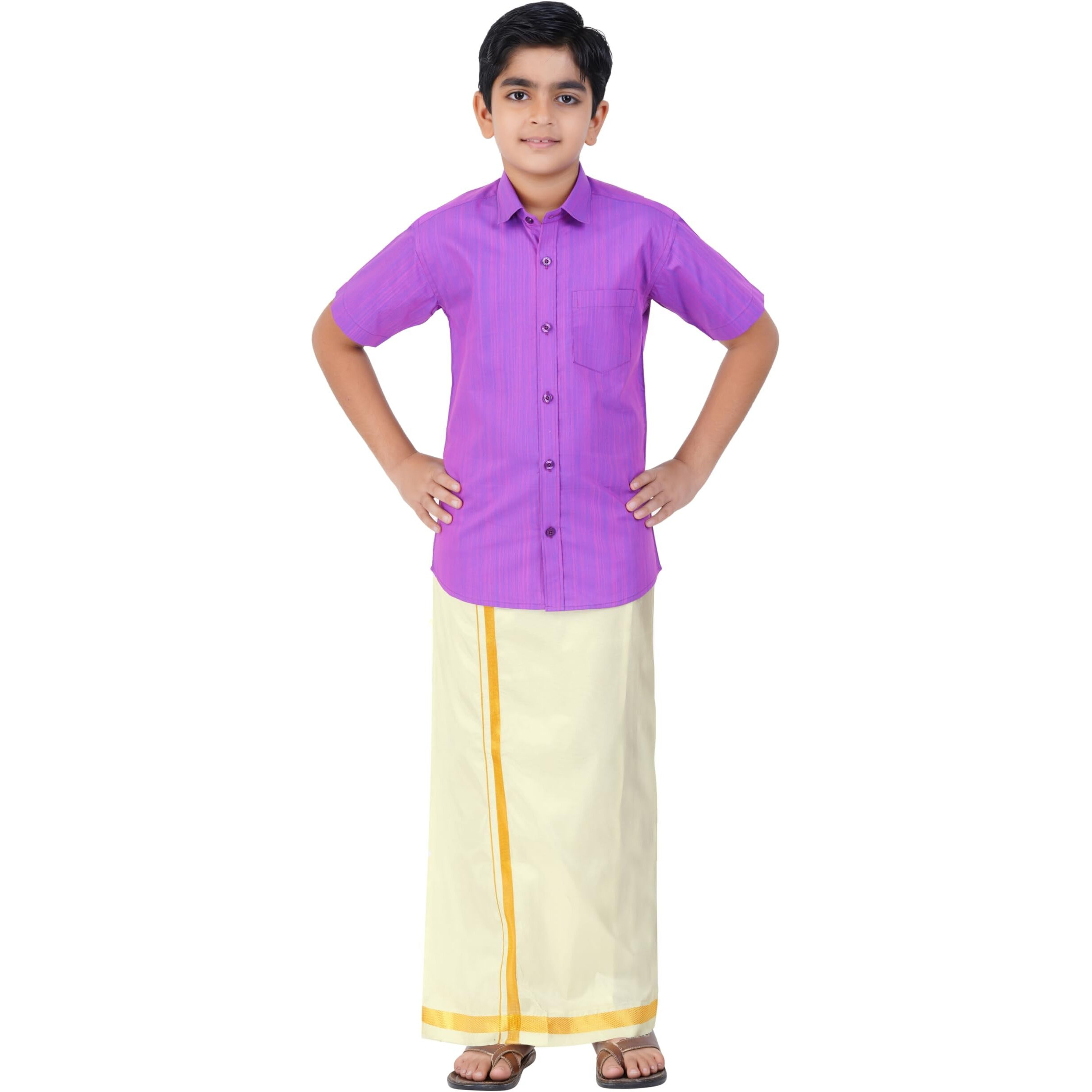 Boys Cotton Half Sleeve Self Design Shirt With Stitched Art Silk Dhoti For Boys (Madriyad-Lavender)