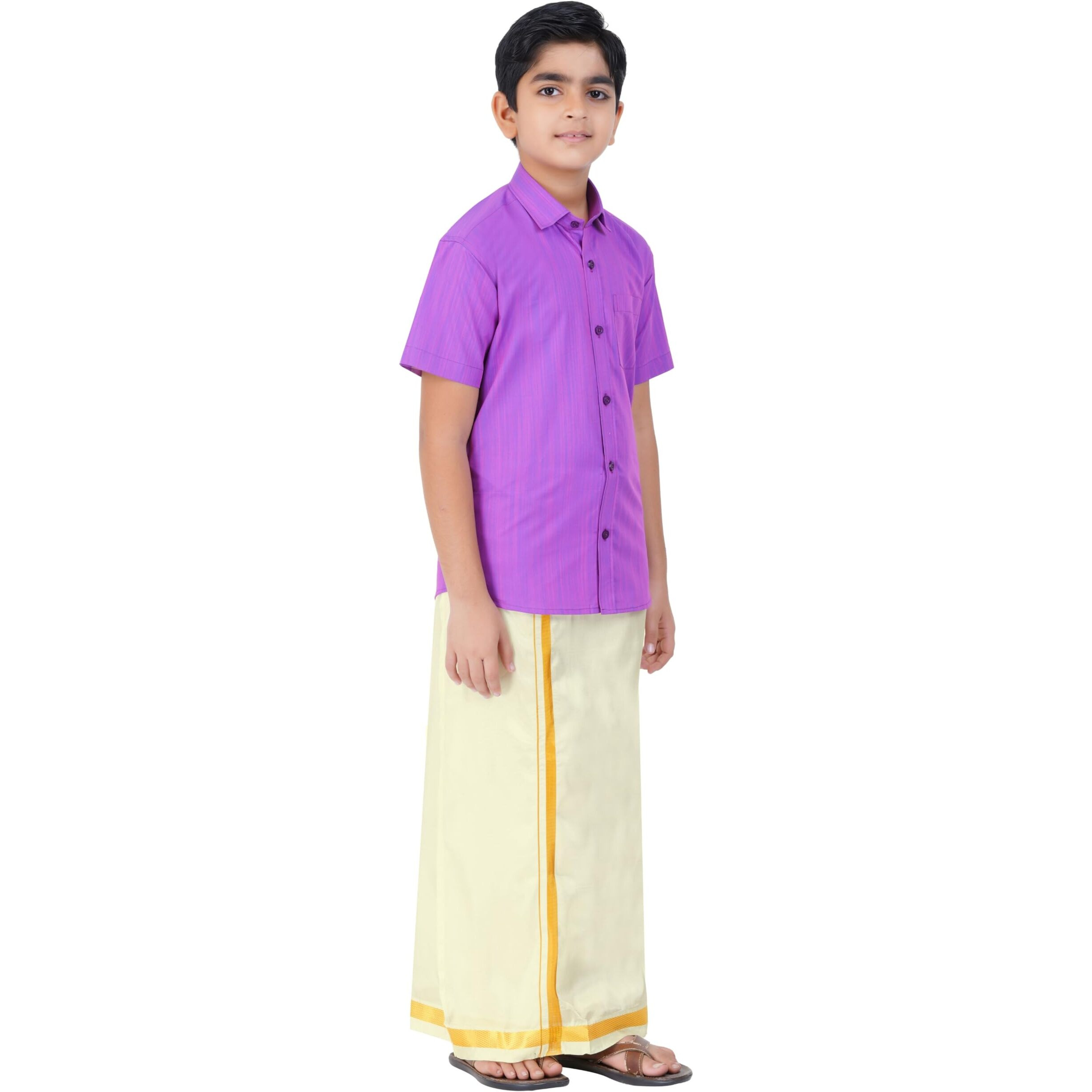Boys Cotton Half Sleeve Self Design Shirt With Stitched Art Silk Dhoti For Boys (Madriyad-Lavender)