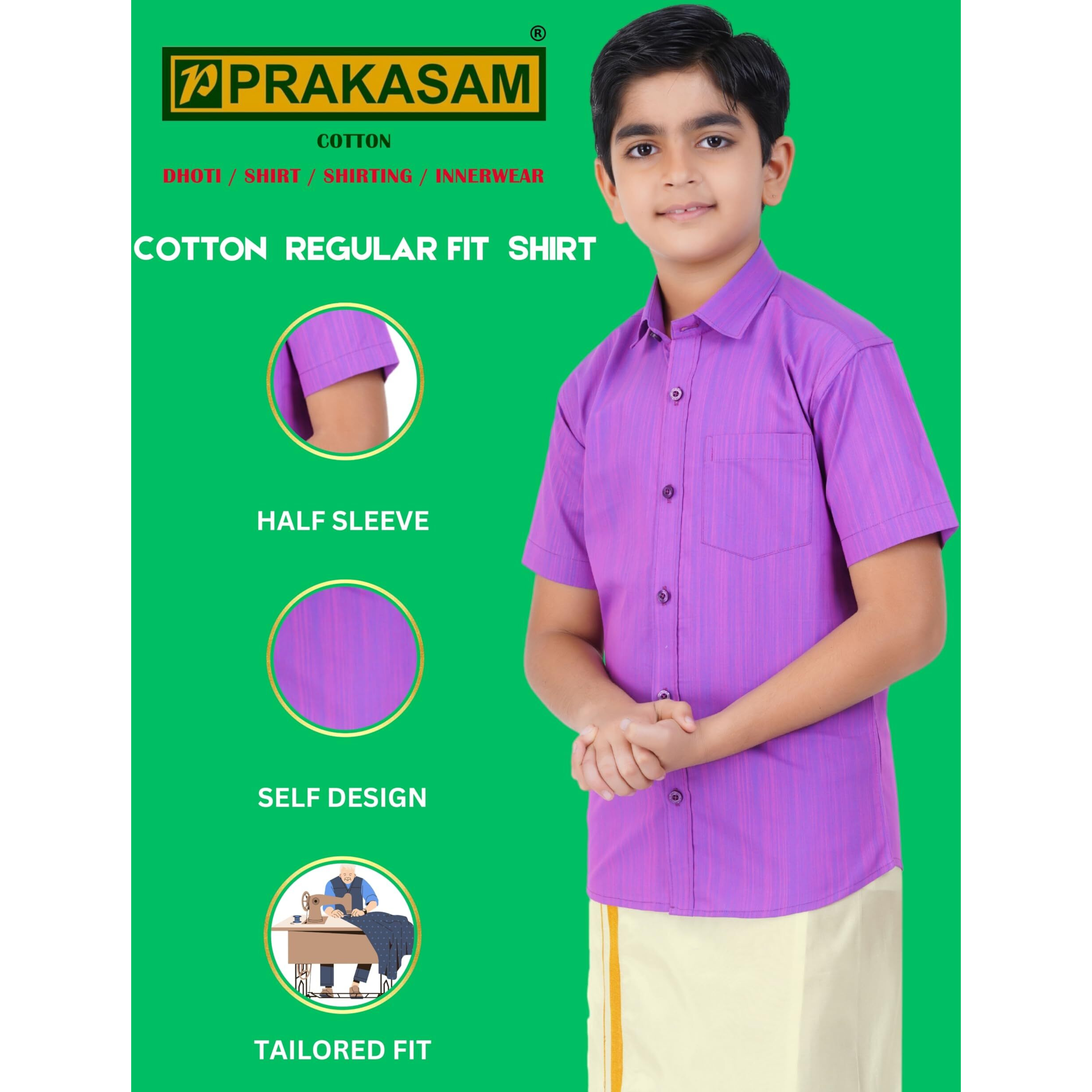 Boys Cotton Half Sleeve Self Design Shirt With Stitched Art Silk Dhoti For Boys (Madriyad-Lavender)
