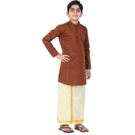 Boys Cotton Long Sleeve Self Design Kurtha With Stitched Art Silk Dhoti For Boys (Madriyad-Maroon)
