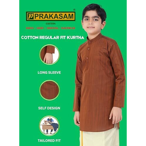 Boys Cotton Long Sleeve Self Design Kurtha With Stitched Art Silk Dhoti For Boys (Madriyad-Maroon)