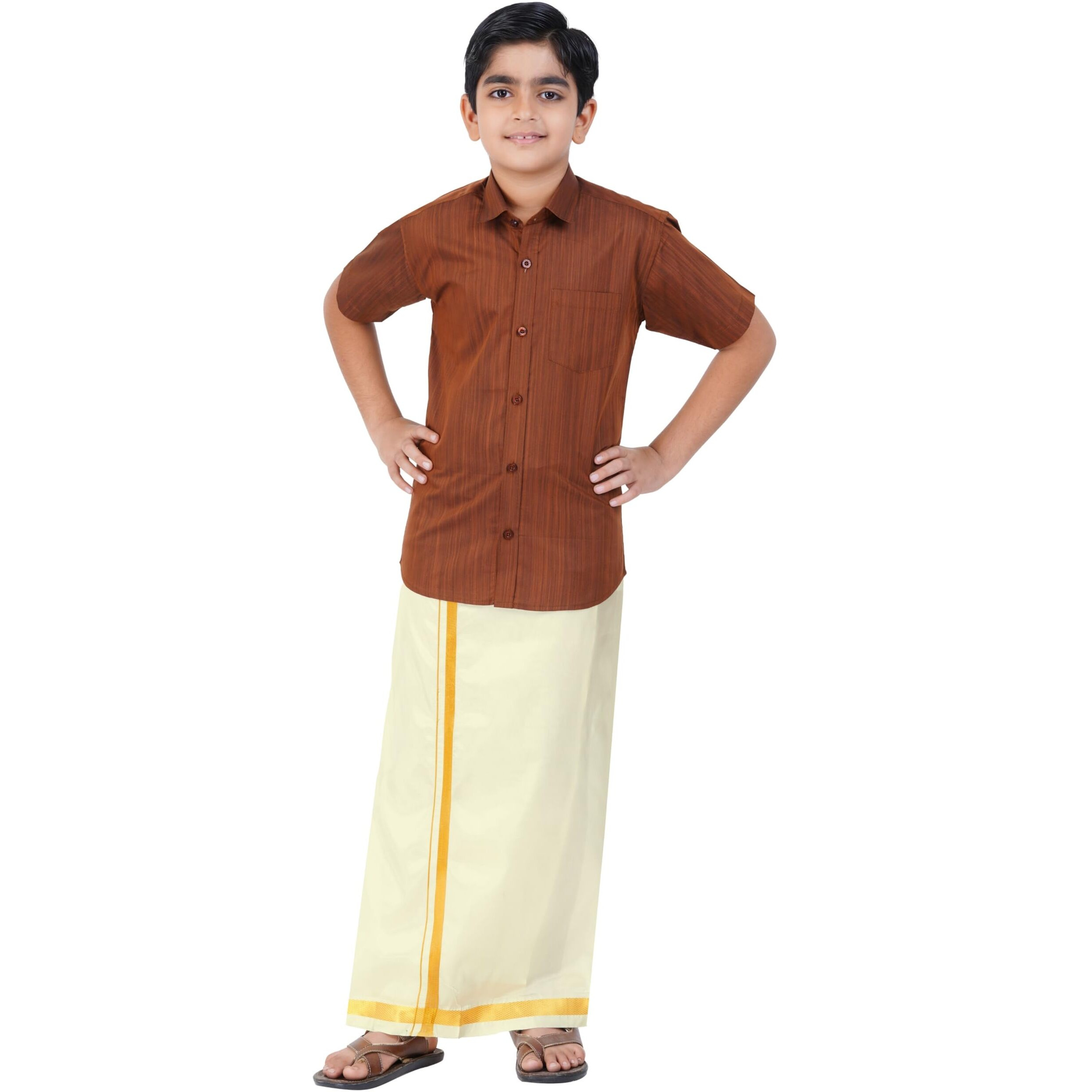 Boys Cotton Half Sleeve Self Design Shirt With Stitched Art Silk Dhoti For Boys (Madriyad-Maroon)