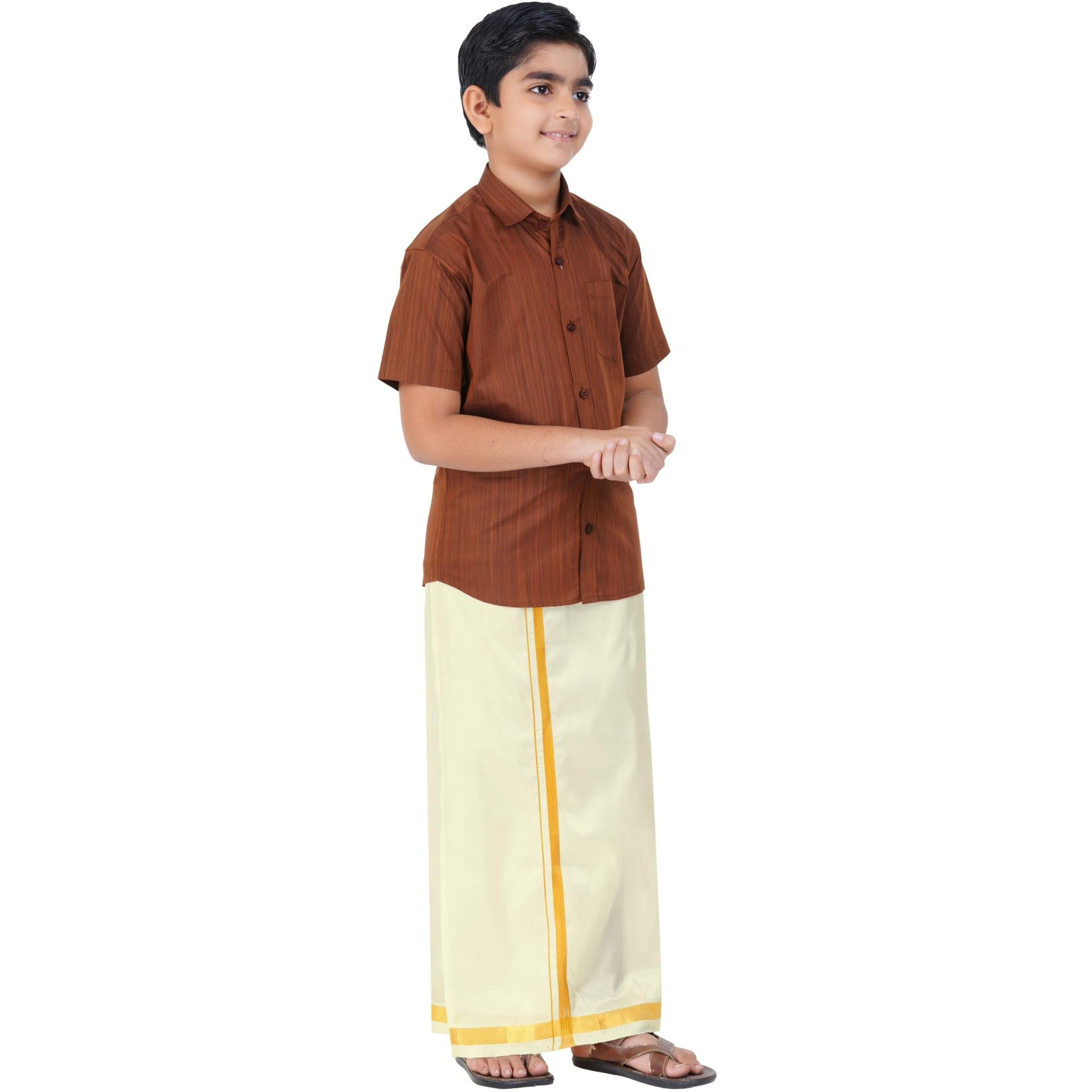 Boys Cotton Half Sleeve Self Design Shirt With Stitched Art Silk Dhoti For Boys (Madriyad-Maroon)