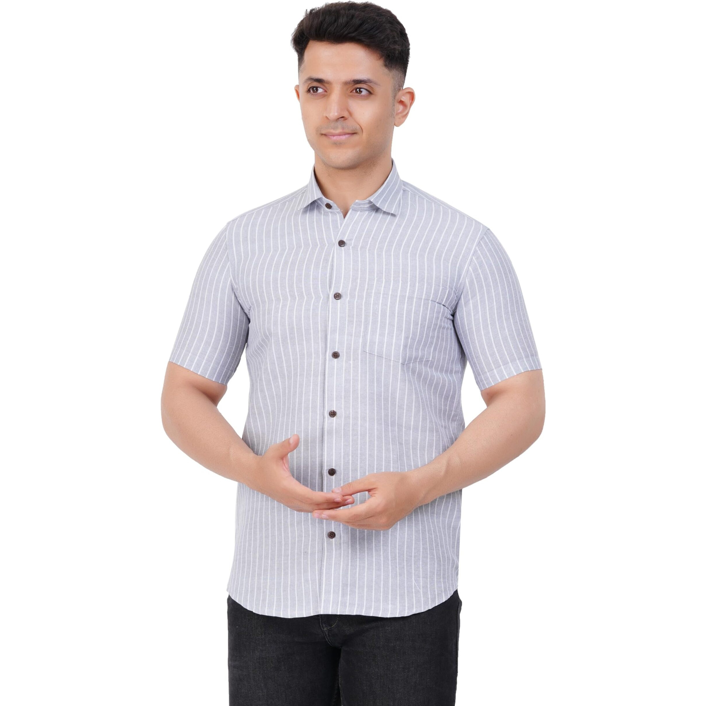 Mens Striped Regular Fit Cotton Casual Shirt Grey