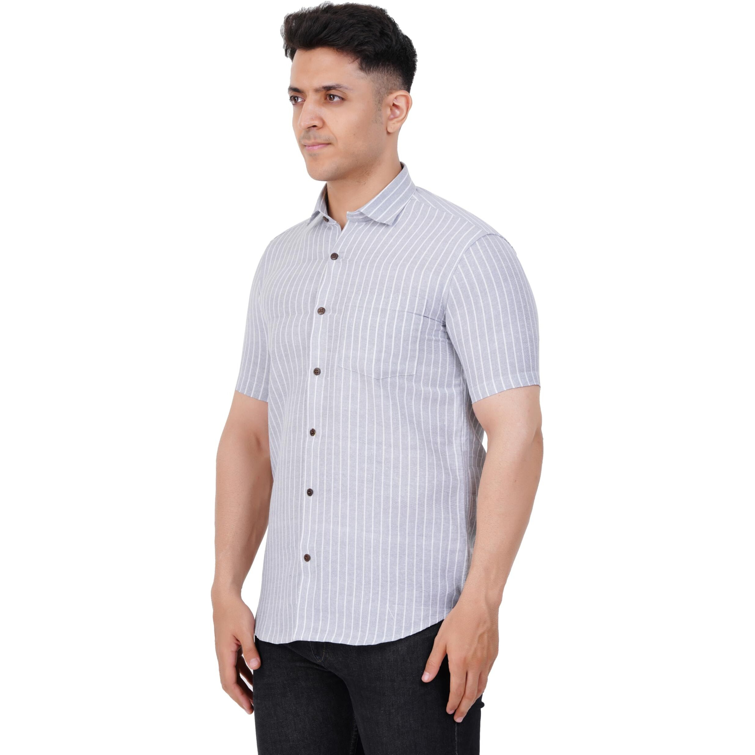 Mens Striped Regular Fit Cotton Casual Shirt Grey