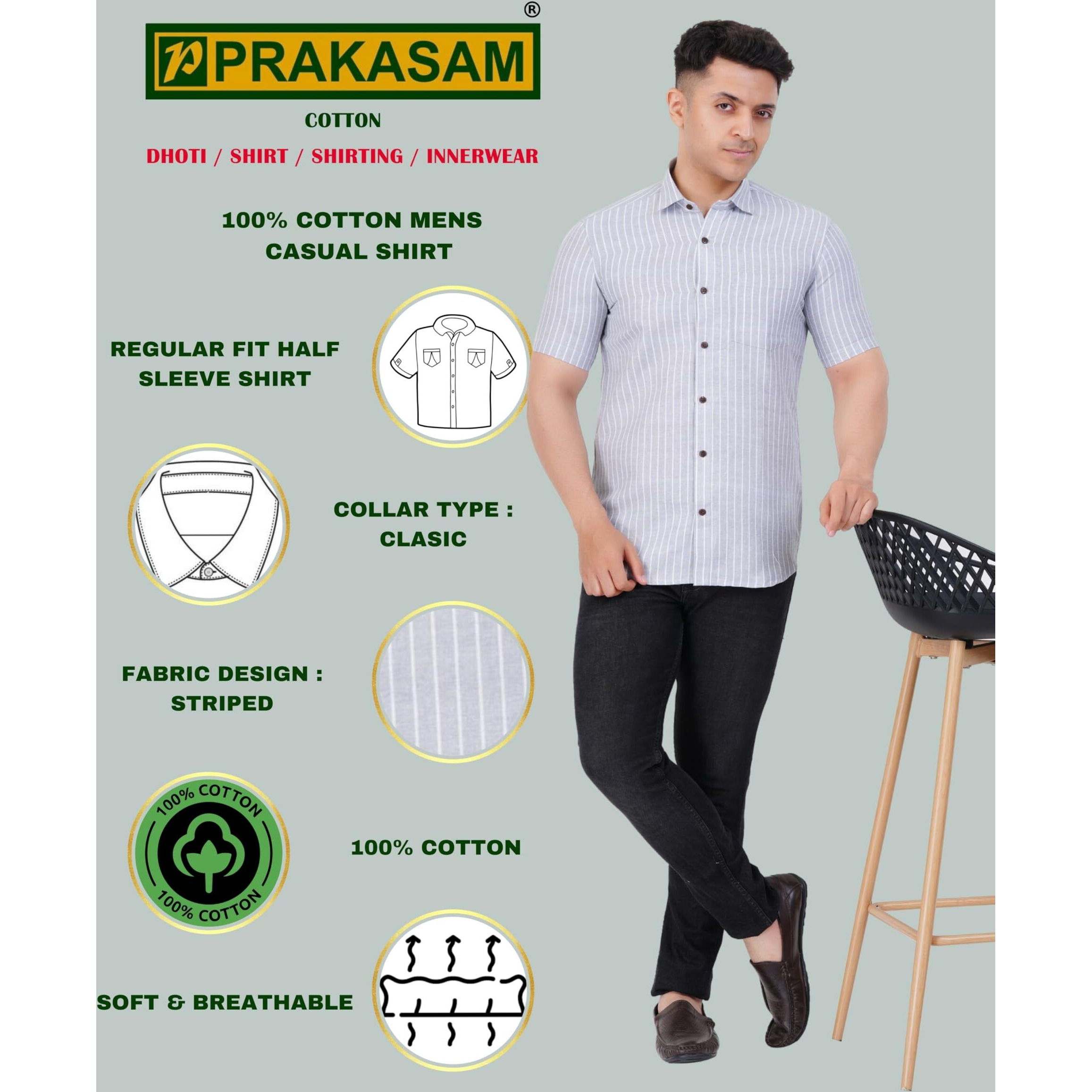 Mens Striped Regular Fit Cotton Casual Shirt Grey