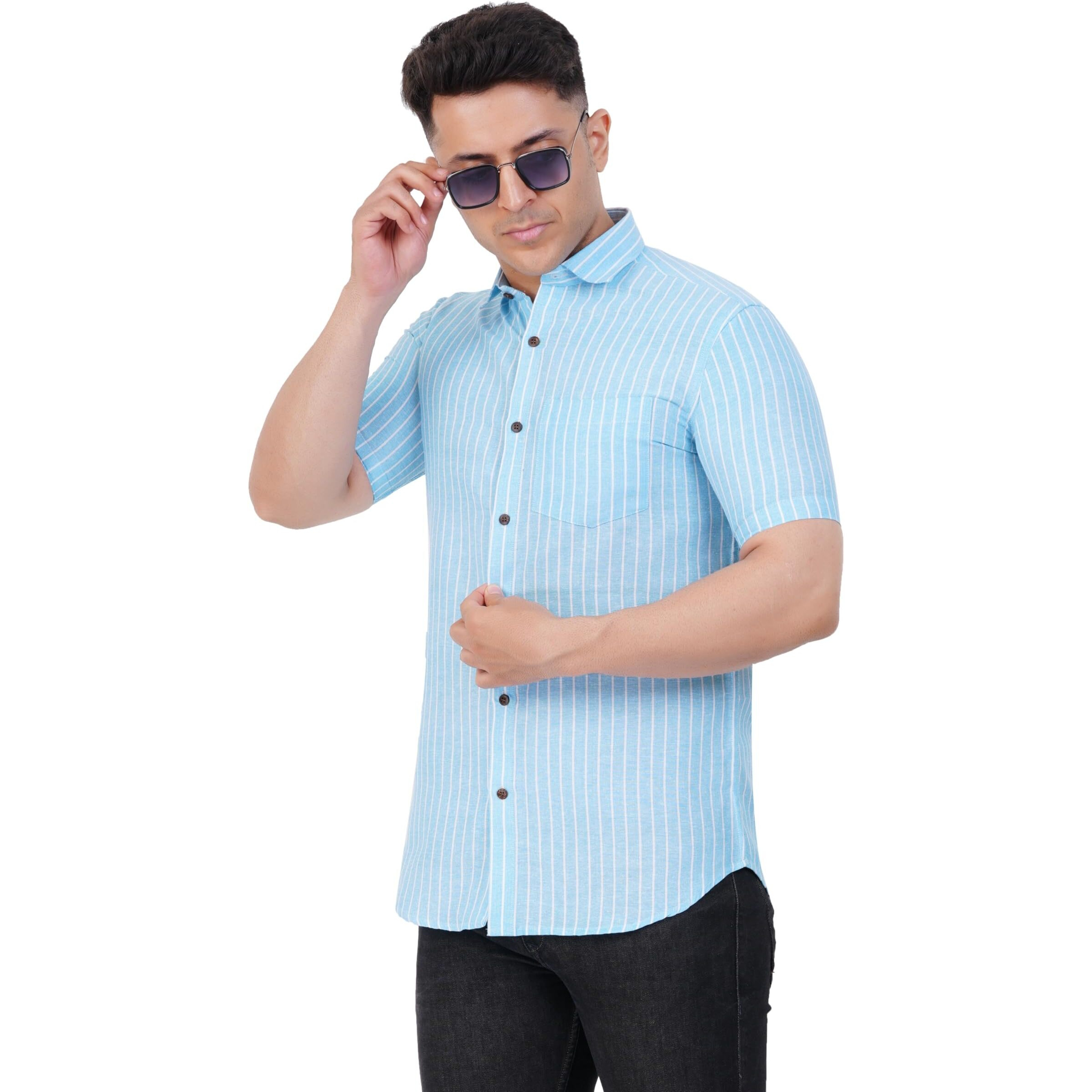 Mens Striped Regular Fit Cotton Casual Shirt Blue
