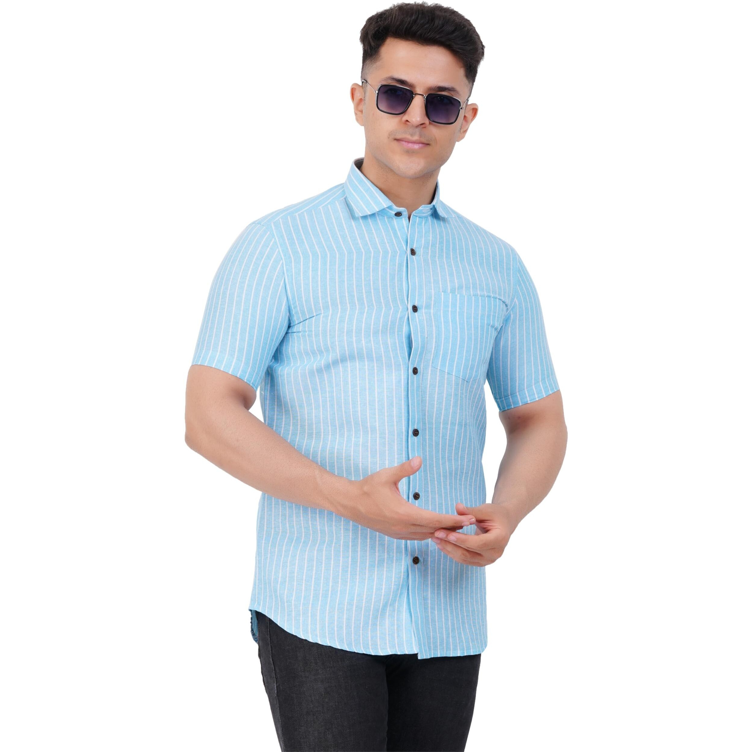 Mens Striped Regular Fit Cotton Casual Shirt Blue
