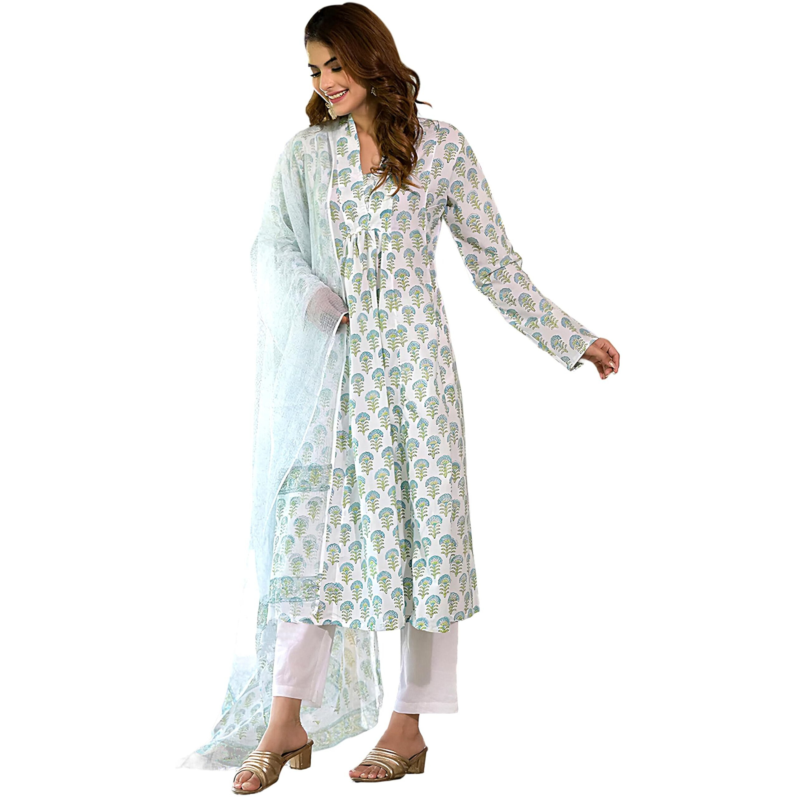 Pinkmint Women's Printed V Neck Muslin Kurta & Straight Pants With Fancy Dupatta L Festive & Celebrations Ethnic Suit Set White