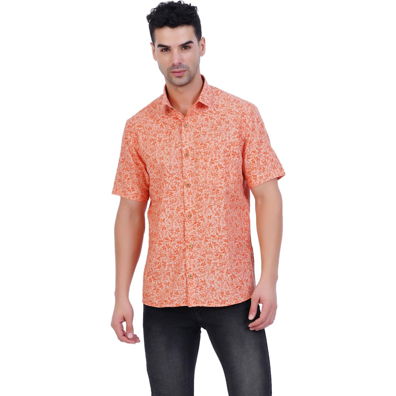 Prakasam Cotton- Slim Fit Printed Half Sleeve Cotton Shirt For Mens (Colour  Orange Size-40)