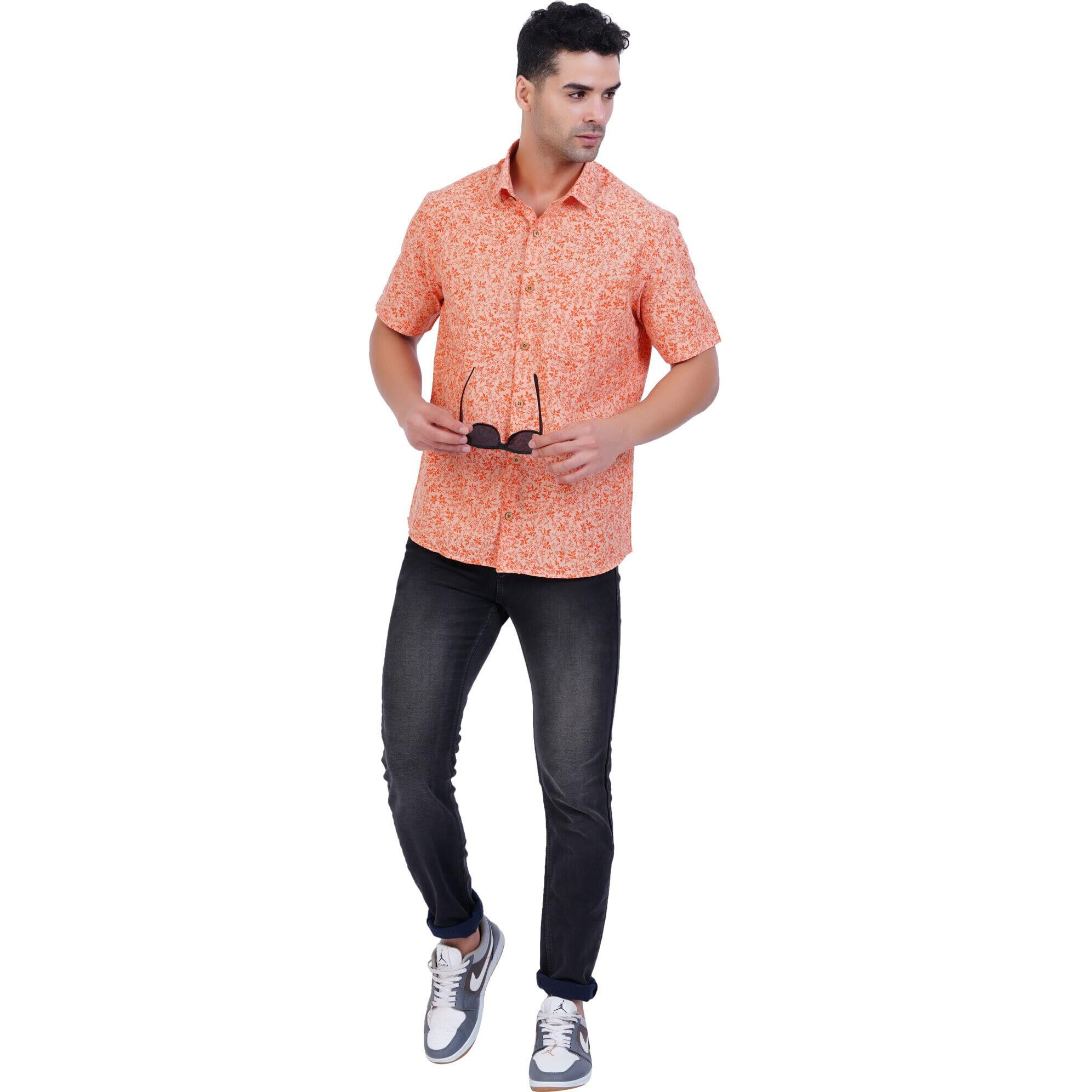 Prakasam Cotton- Slim Fit Printed Half Sleeve Cotton Shirt For Mens (Colour  Orange Size-40)