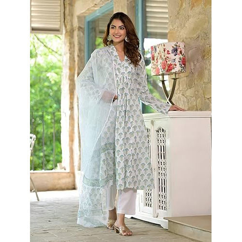 Pinkmint Women's Printed V Neck Muslin Kurta & Straight Pants With Fancy Dupatta L Festive & Celebrations Ethnic Suit Set White