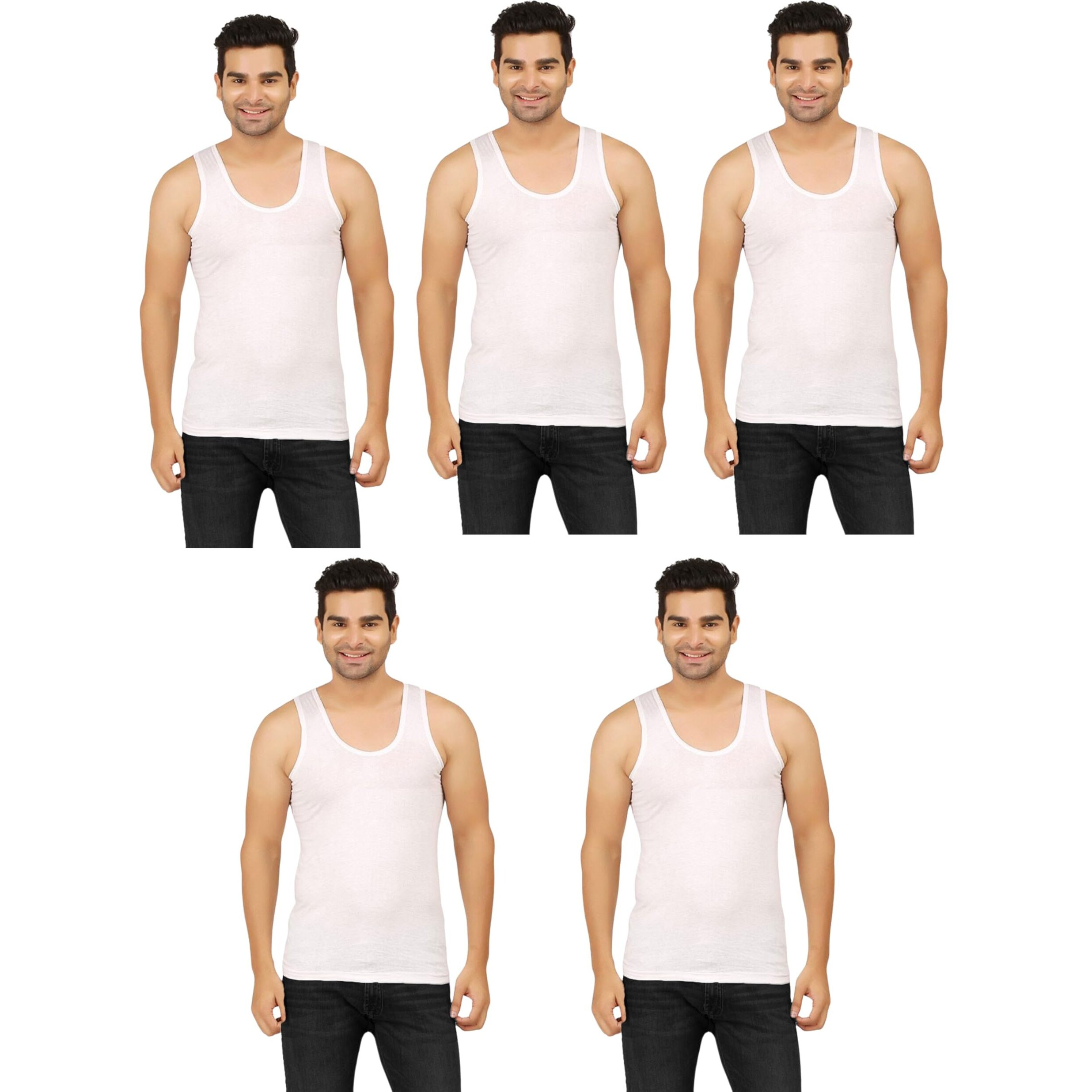 Prakasam Cotton ( Jpr Men's Cotton Sleeveless Vest, White, Pack Of 5, Round Neck, Undershirt/White Vest For Mens (M-85Cm Pack Of-5-White)