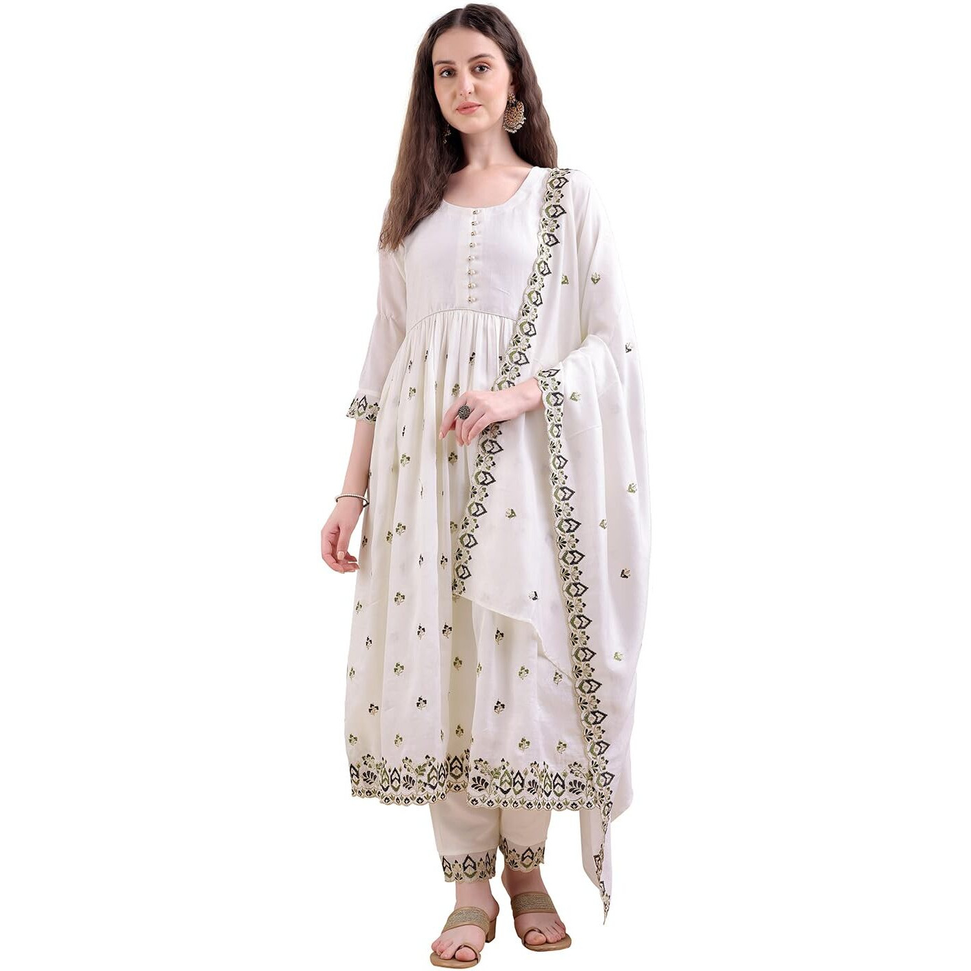 Pratham Blue Women's Rayon Embroidered Anarkali Kurta And Pant With Dupatta Set (Kurta Set For Women_Bkpa-1064-L_White)