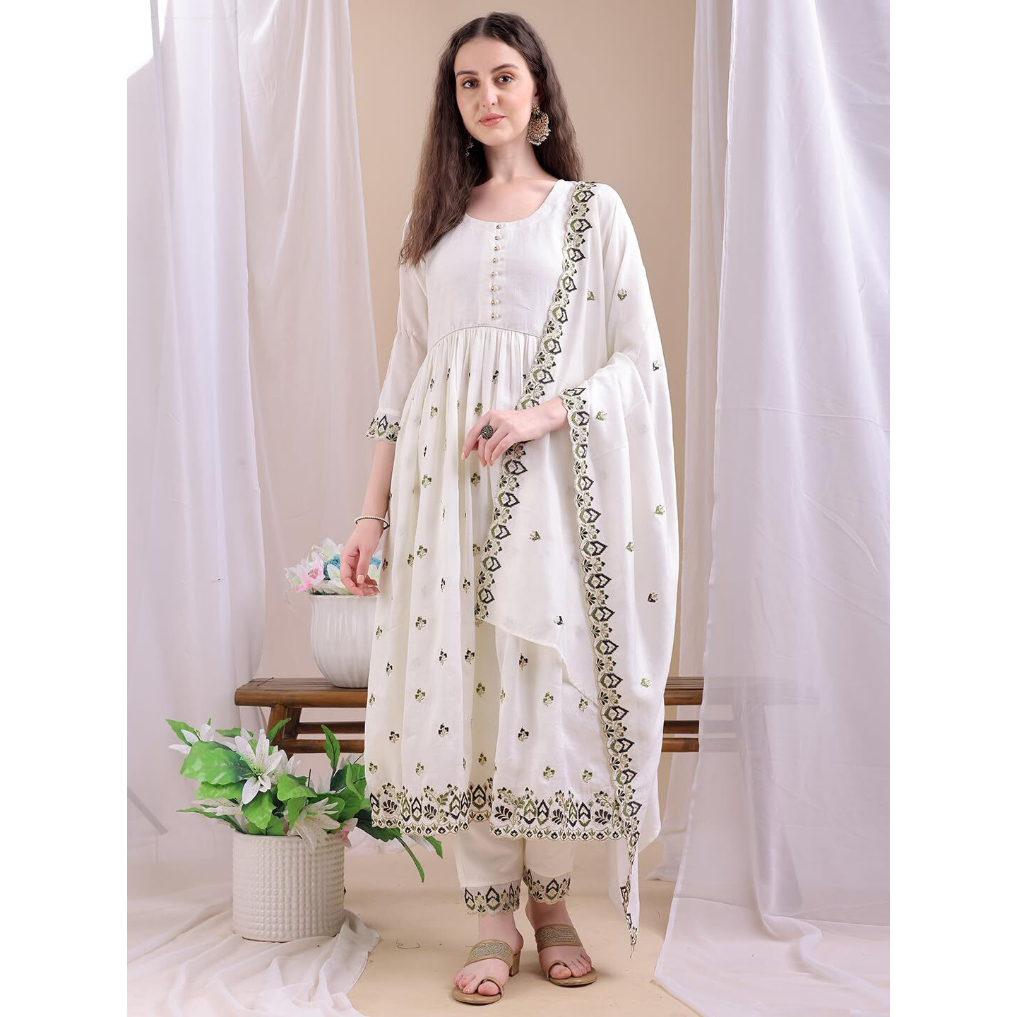 Pratham Blue Women's Rayon Embroidered Anarkali Kurta And Pant With Dupatta Set (Kurta Set For Women_Bkpa-1064-L_White)
