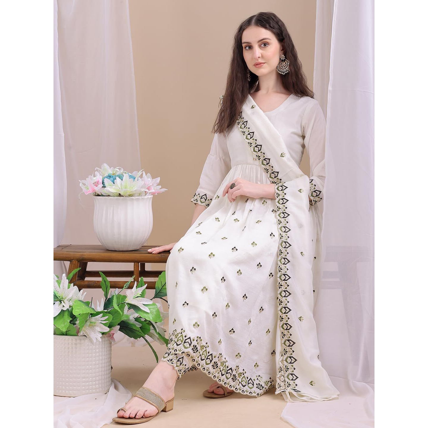 Pratham Blue Women's Rayon Embroidered Anarkali Kurta And Pant With Dupatta Set (Kurta Set For Women_Bkpa-1064-L_White)