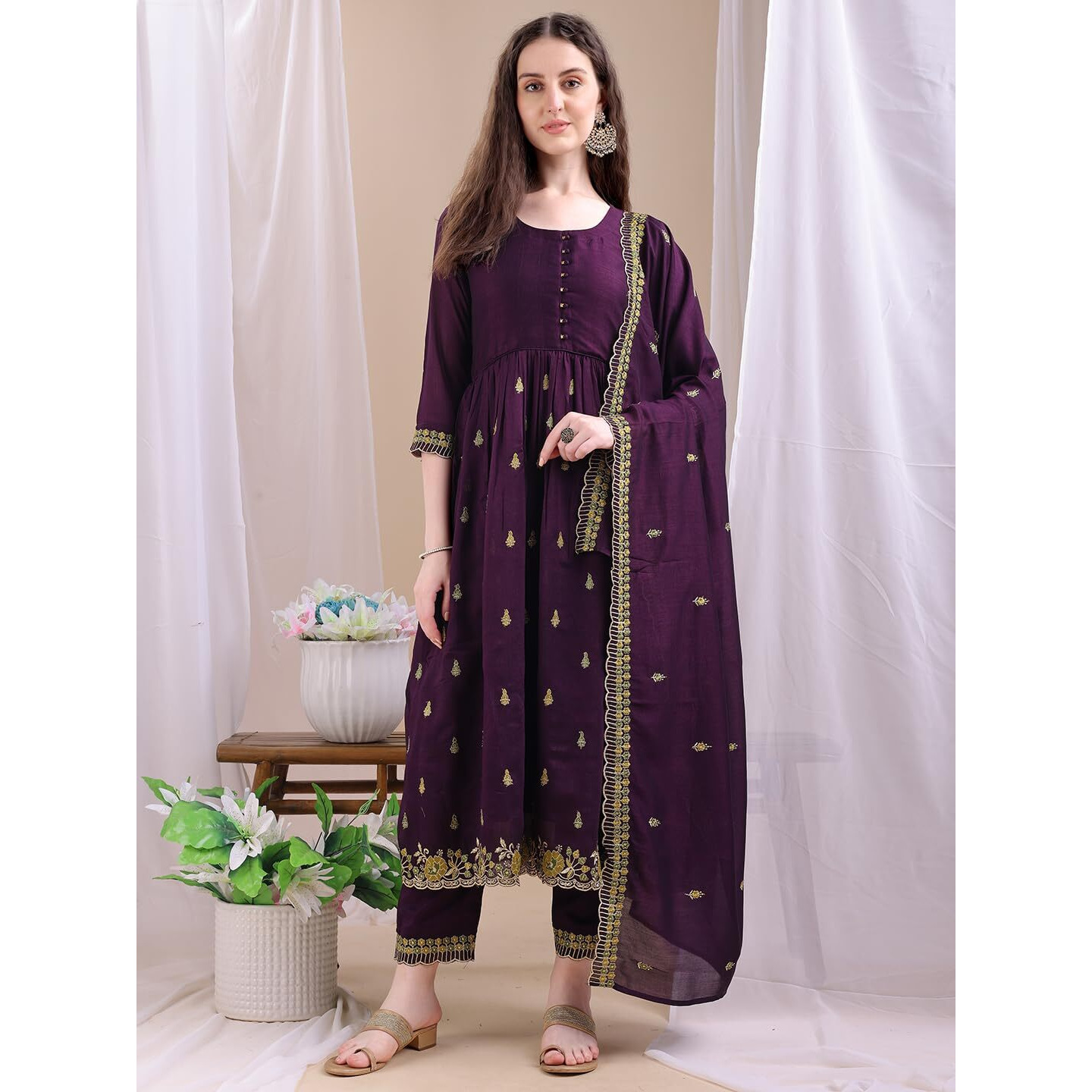 Pratham Blue Women's Rayon Embroidered Anarkali Kurta And Pant With Dupatta Set (Kurta Set For Women_Bkpa-1059-L_Purple)