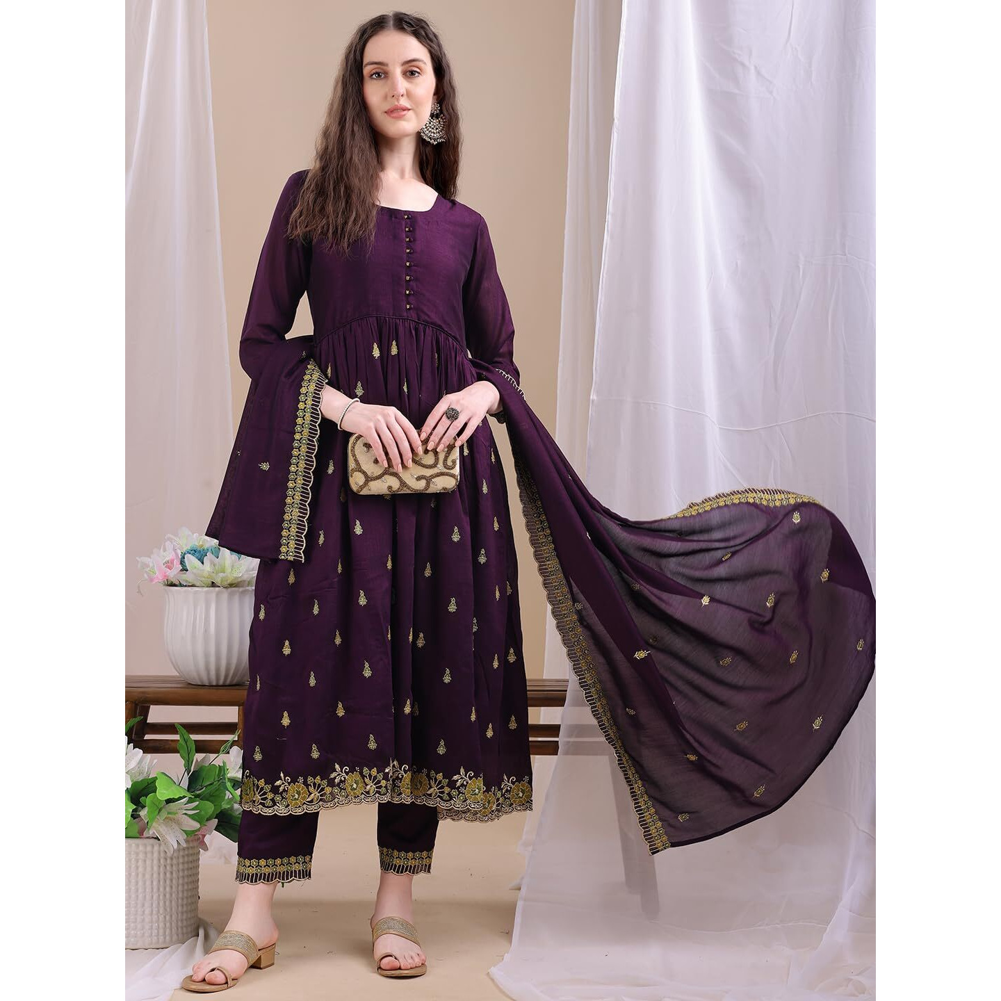 Pratham Blue Women's Rayon Embroidered Anarkali Kurta And Pant With Dupatta Set (Kurta Set For Women_Bkpa-1059-L_Purple)